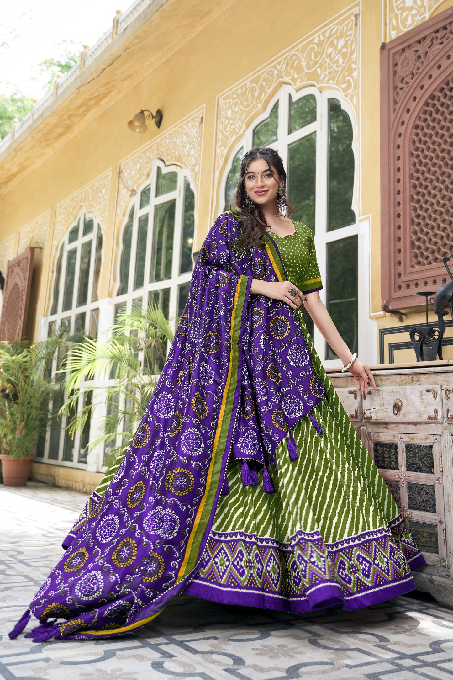 Latest Tussar Silk Leheriya Lehenga Choli