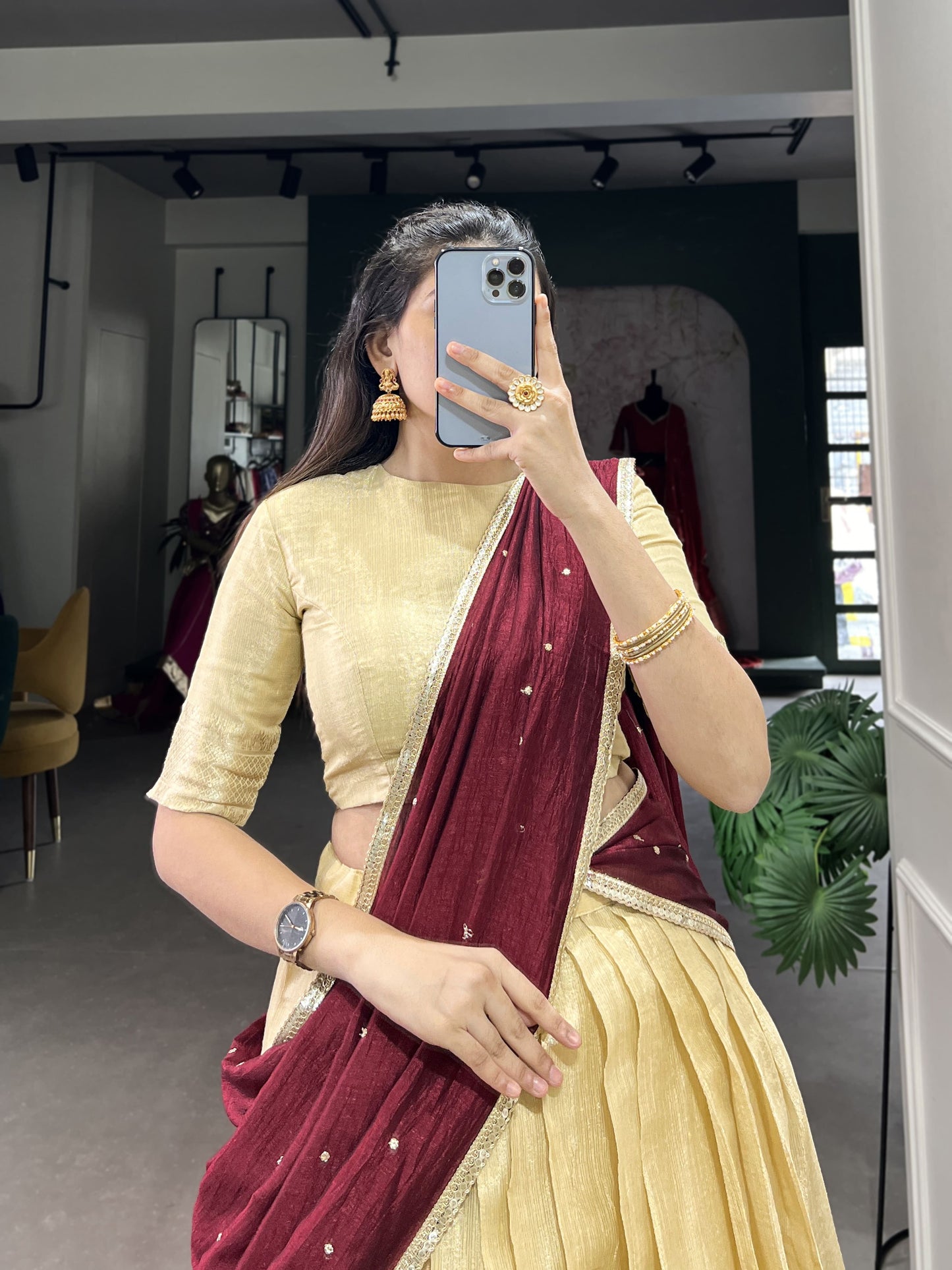 Latest Kanchipuram Zari Weaving Lehenga Choli Set / Half Saree (Stitched)