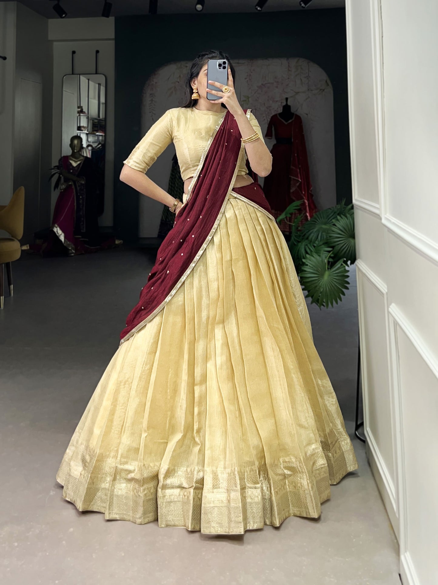 Latest Kanchipuram Zari Weaving Lehenga Choli Set / Half Saree (Stitched)