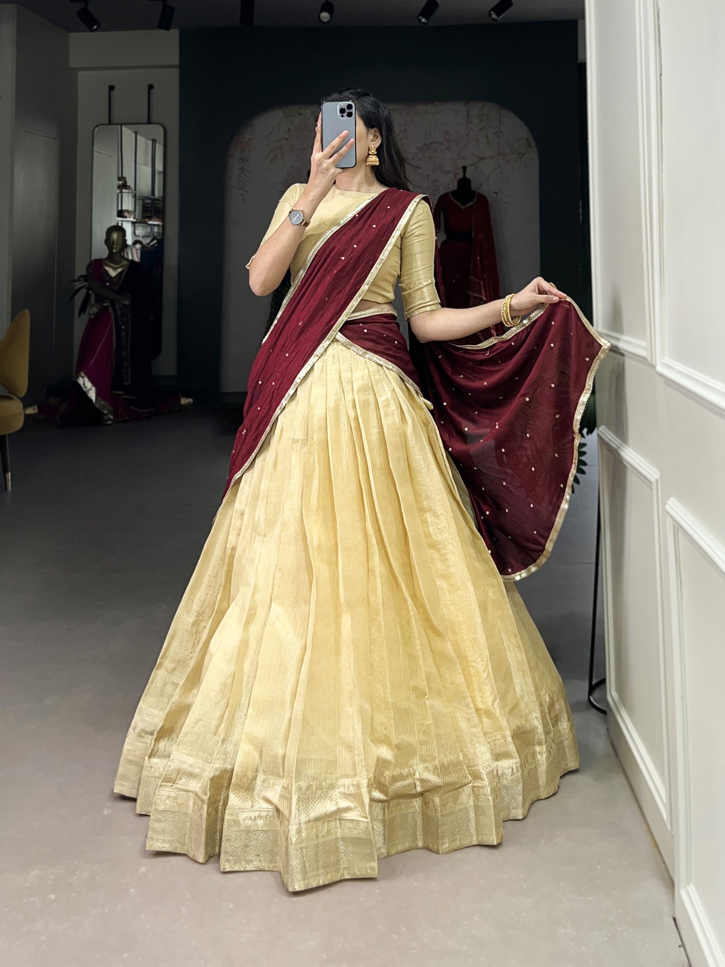 Latest Kanchipuram Zari Weaving Lehenga Choli Set / Half Saree (Stitched)
