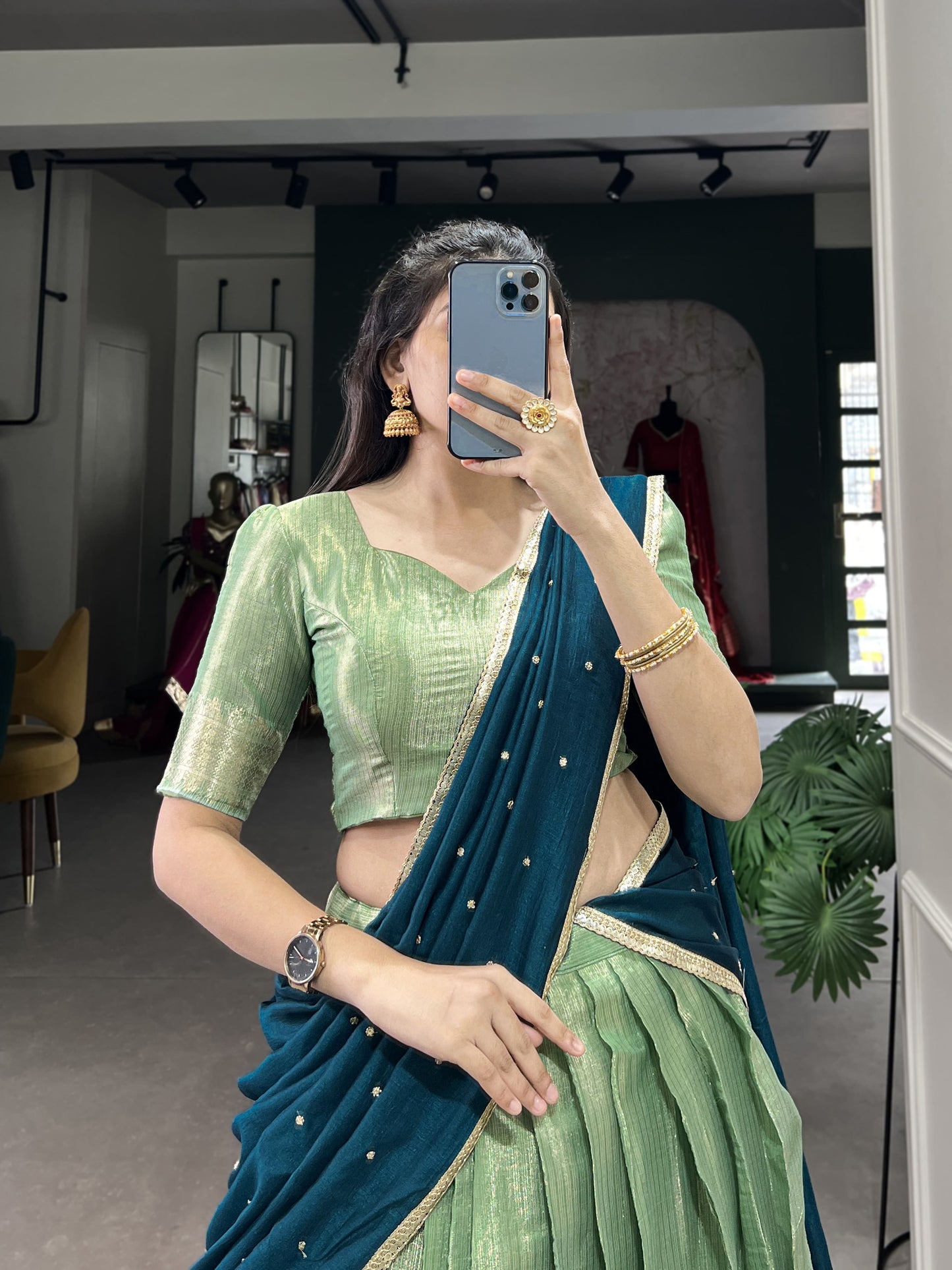 Latest Kanchipuram Zari Weaving Lehenga Choli Set / Half Saree (Stitched)