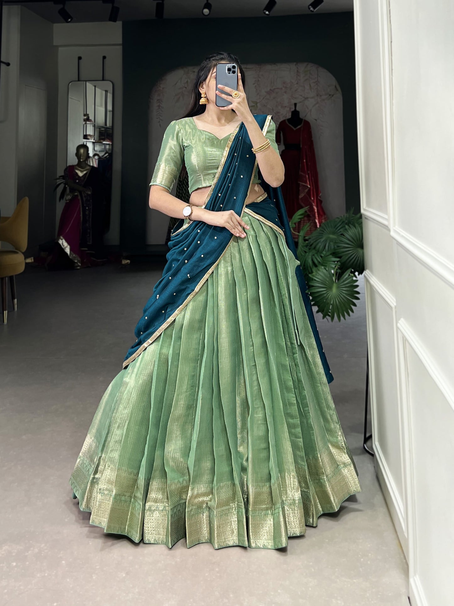 Latest Kanchipuram Zari Weaving Lehenga Choli Set / Half Saree (Stitched)