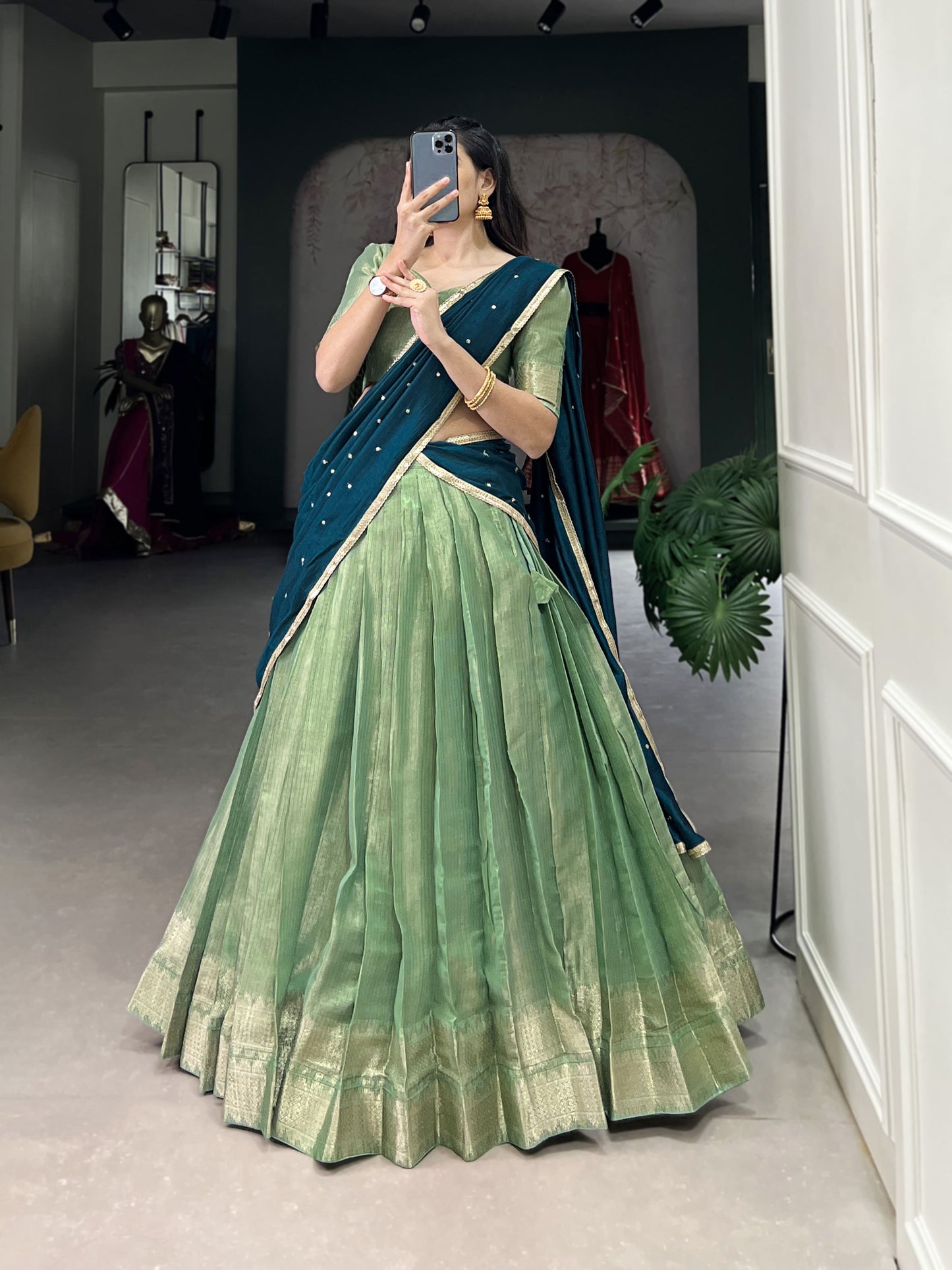 Latest Kanchipuram Zari Weaving Lehenga Choli Set / Half Saree (Stitched)