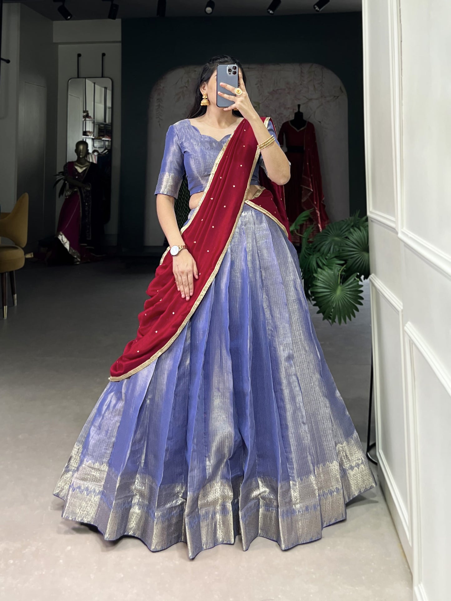 Latest Kanchipuram Zari Weaving Lehenga Choli Set / Half Saree (Stitched)