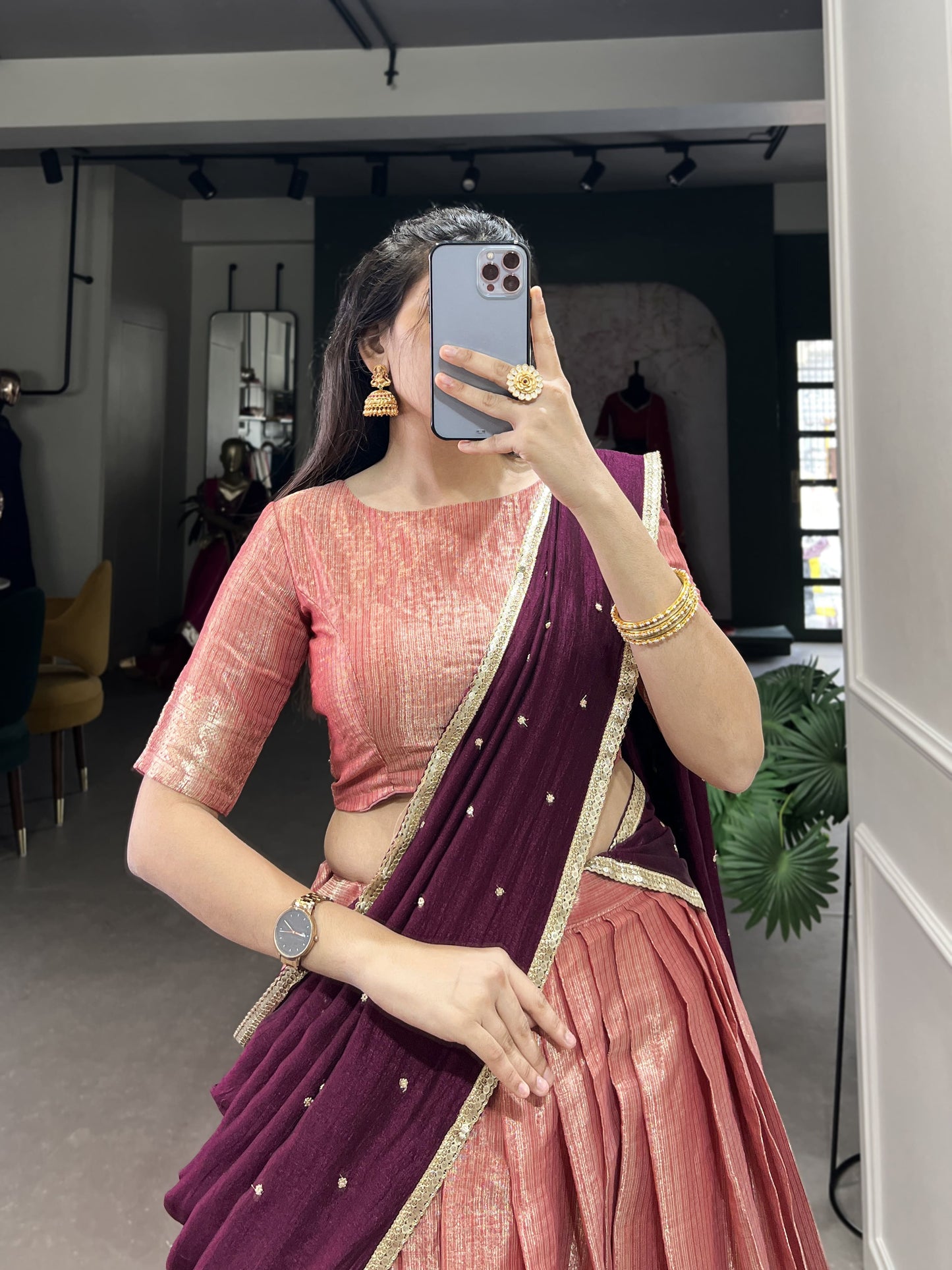 Latest Kanchipuram Zari Weaving Lehenga Choli Set / Half Saree (Stitched)