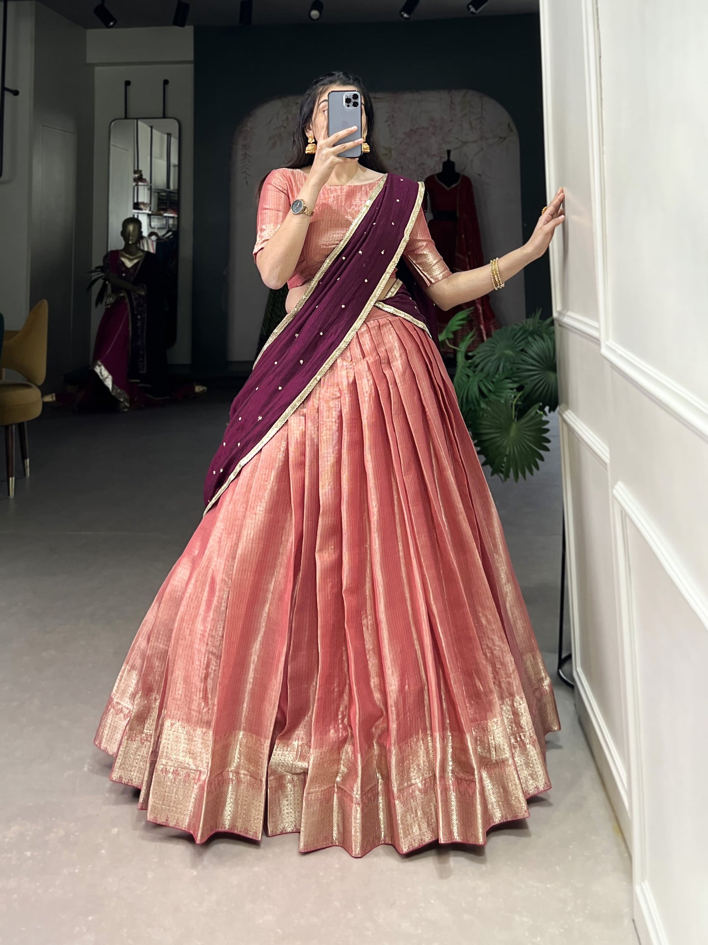 Latest Kanchipuram Zari Weaving Lehenga Choli Set / Half Saree (Stitched)