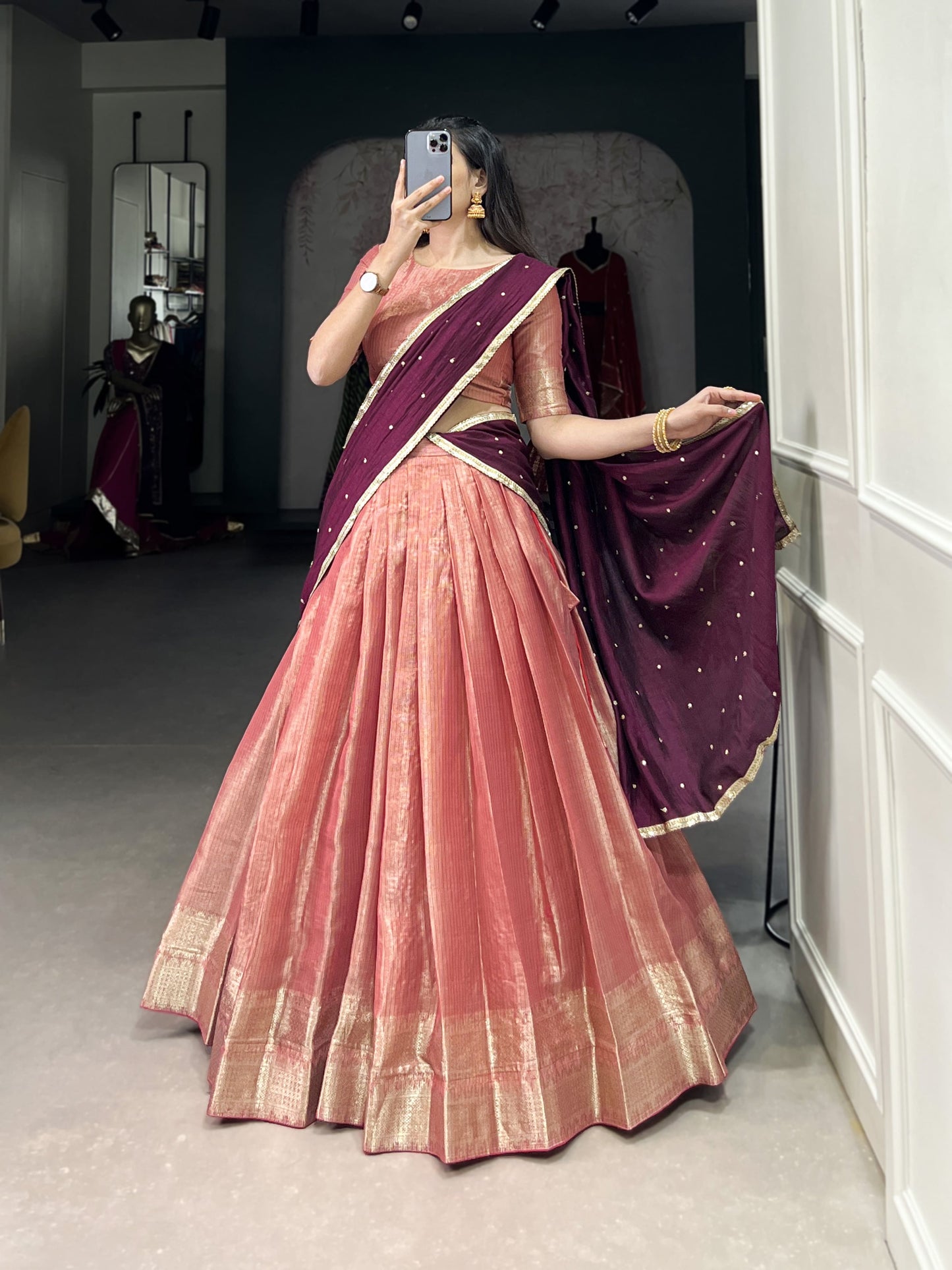 Latest Kanchipuram Zari Weaving Lehenga Choli Set / Half Saree (Stitched)