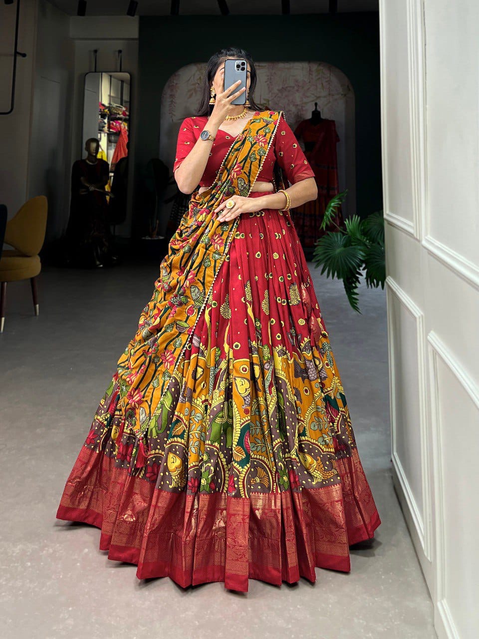 Trending Kalamkari Print Foil Work Lehenga Choli