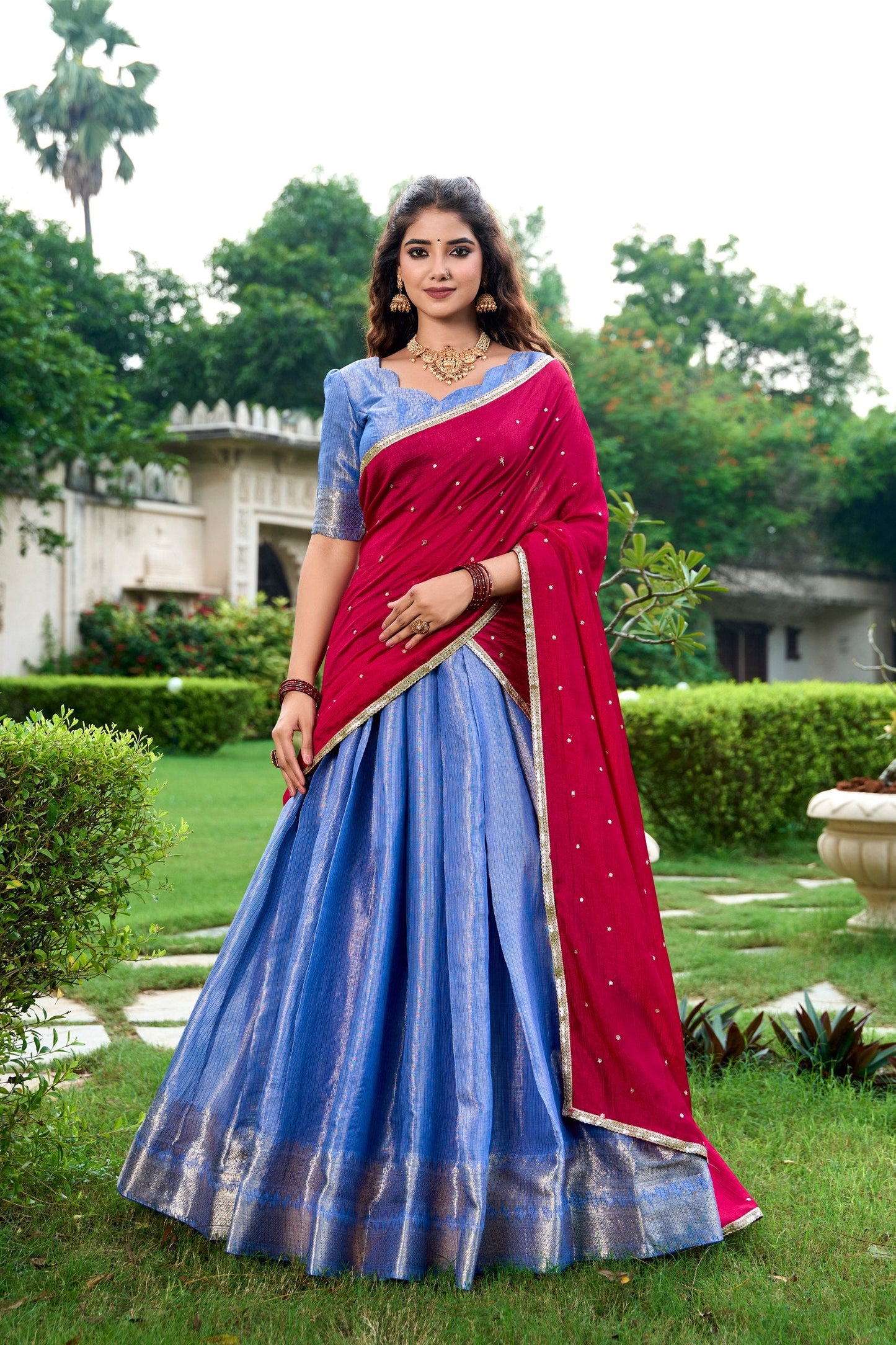 Latest Kanchipuram Zari Weaving Work Lehenga Set / Half Saree (Stitched)