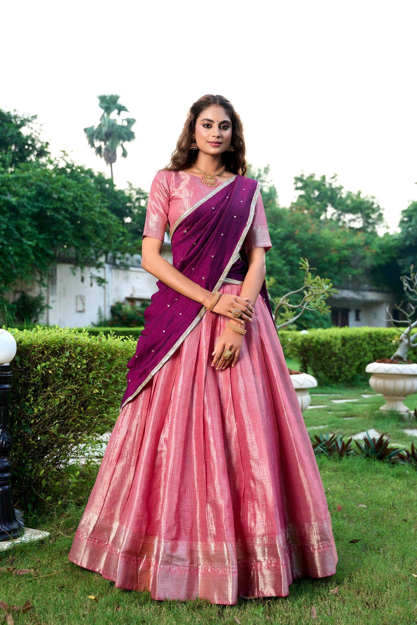 Latest Kanchipuram Zari Weaving Work Lehenga Set / Half Saree (Stitched)
