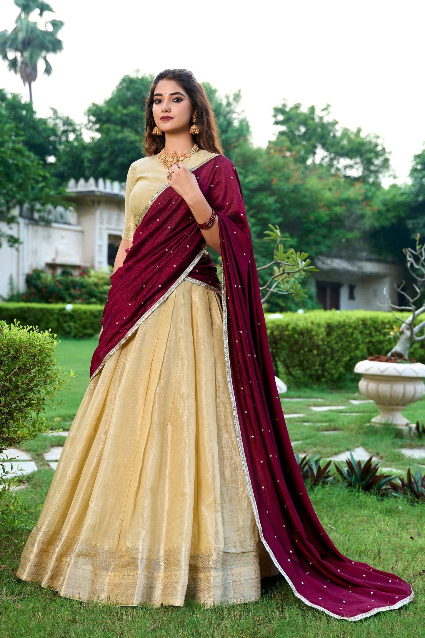 Latest Kanchipuram Zari Weaving Work Lehenga Set / Half Saree (Stitched)