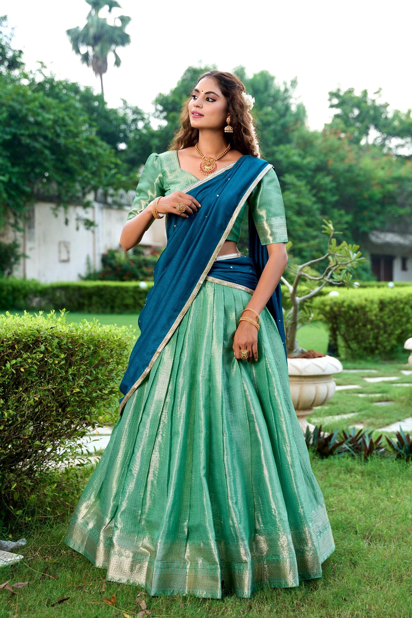 Latest Kanchipuram Zari Weaving Work Lehenga Set / Half Saree (Stitched)