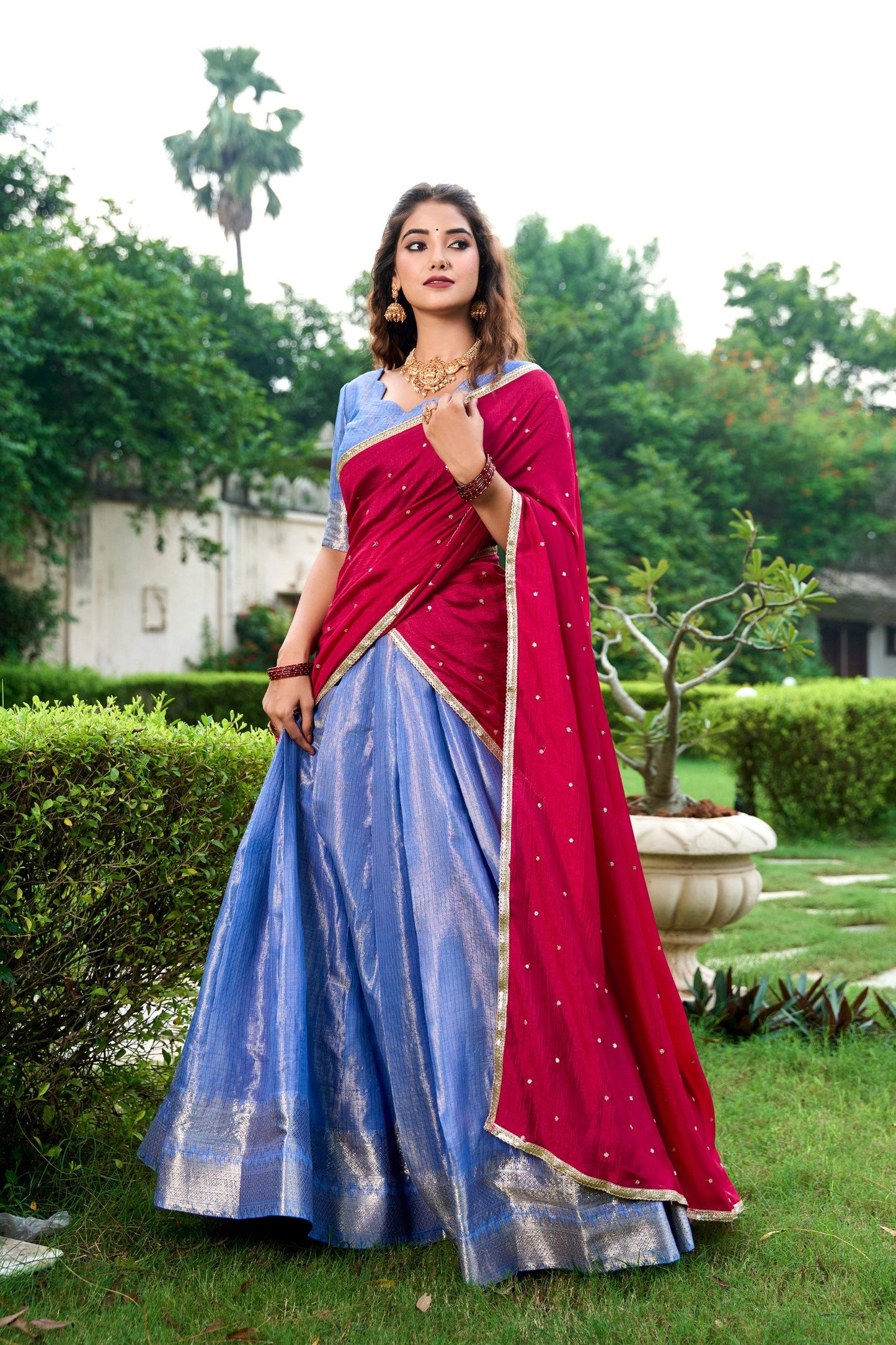 Latest Kanchipuram Zari Weaving Work Lehenga Set / Half Saree (Stitched)