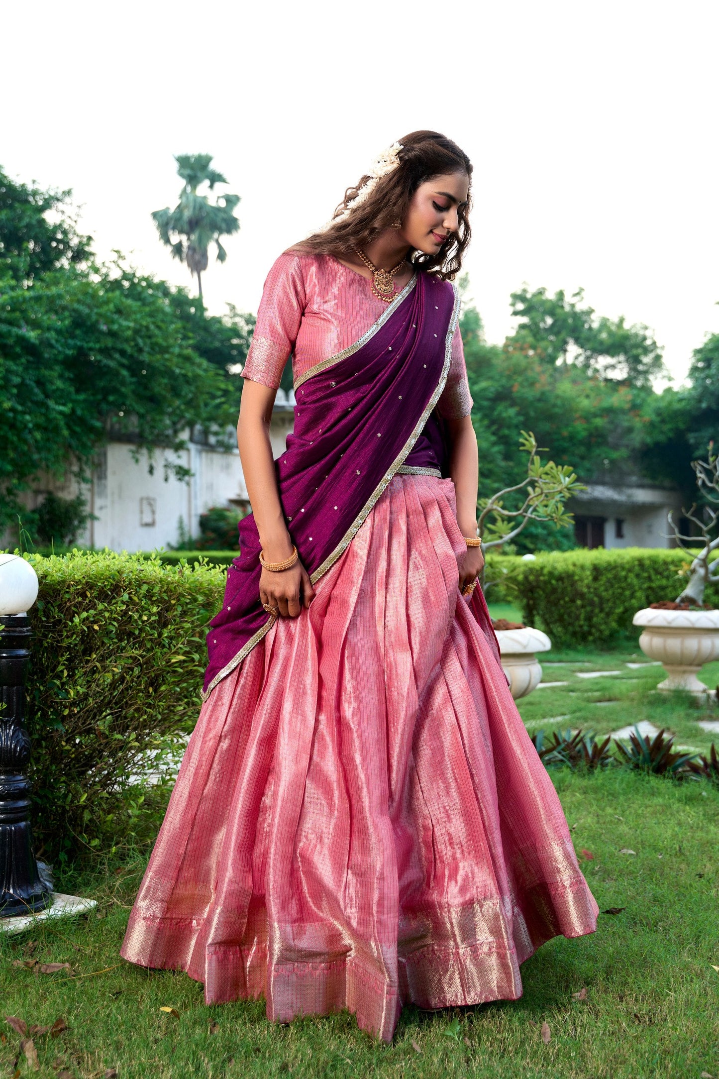 Latest Kanchipuram Zari Weaving Work Lehenga Set / Half Saree (Stitched)