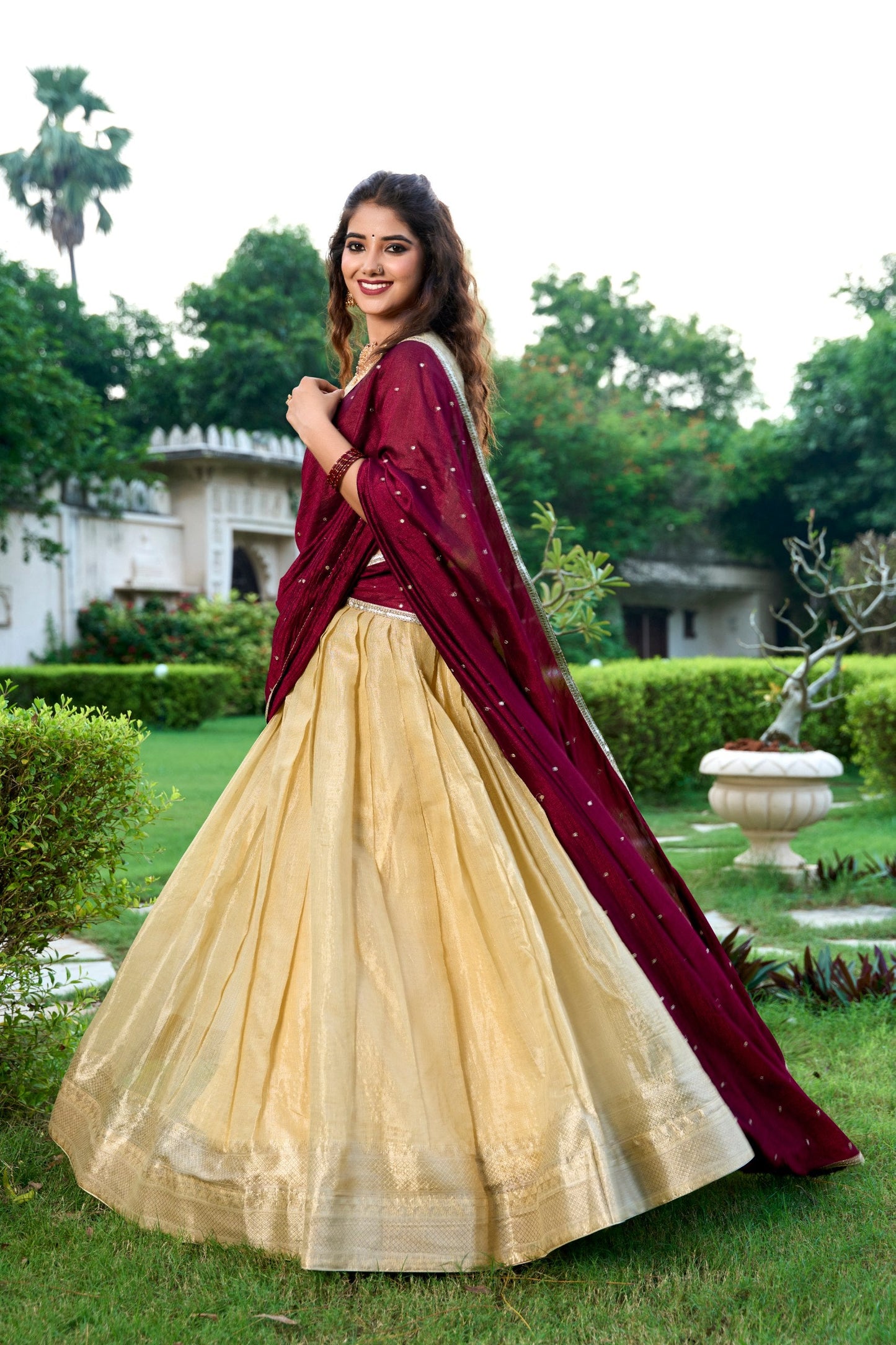 Latest Kanchipuram Zari Weaving Work Lehenga Set / Half Saree (Stitched)