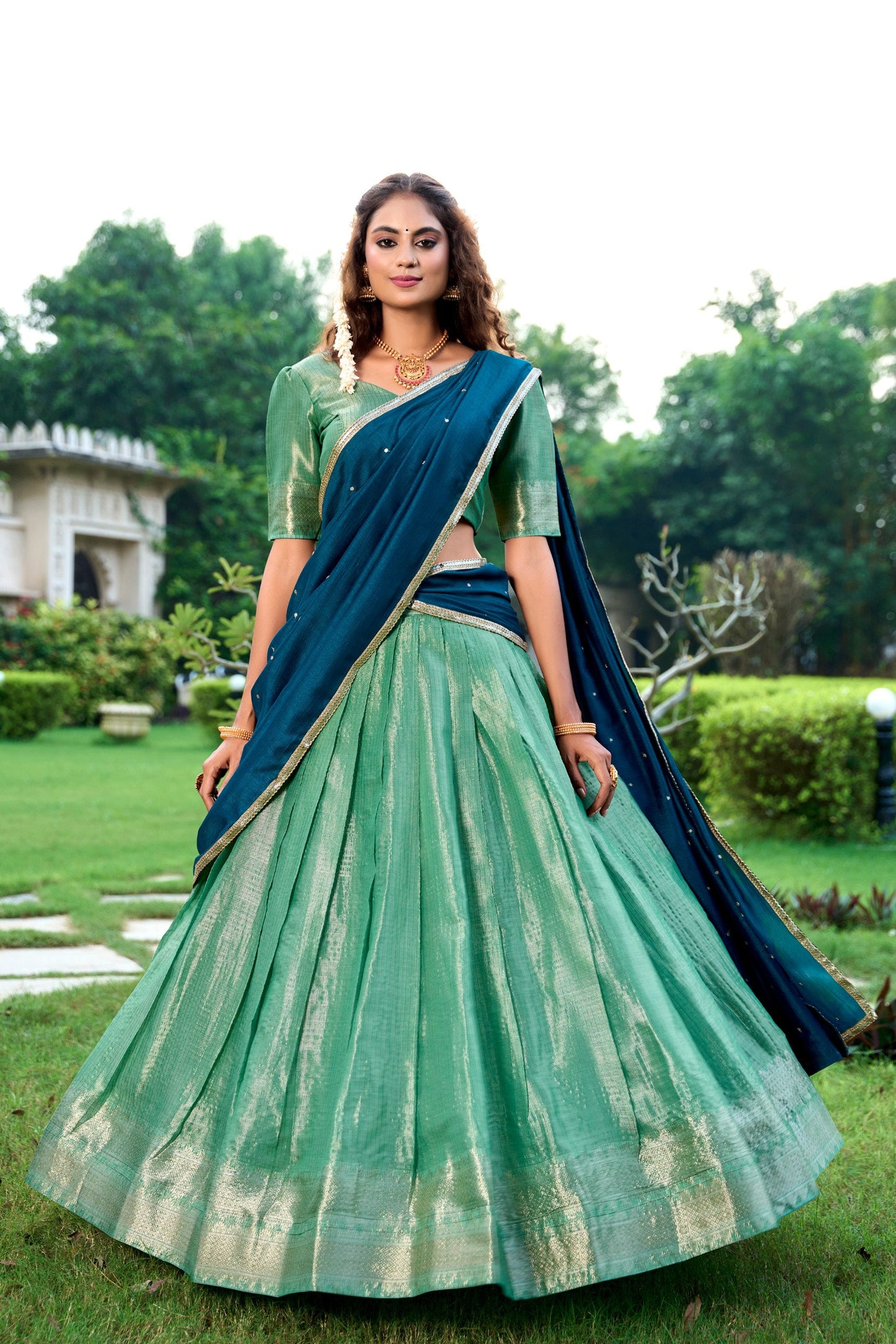 Latest Kanchipuram Zari Weaving Work Lehenga Set / Half Saree (Stitched)