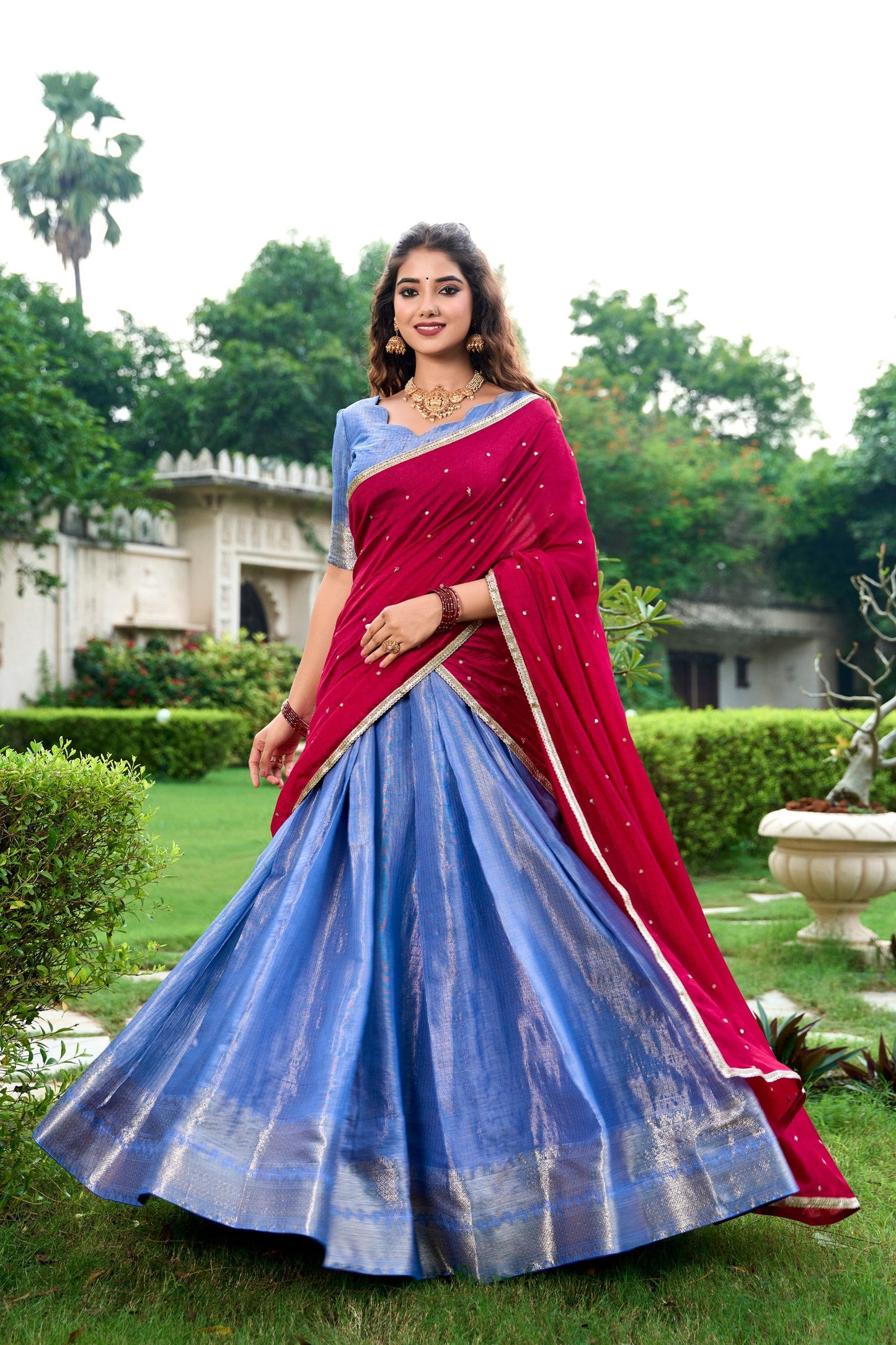 Latest Kanchipuram Zari Weaving Work Lehenga Set / Half Saree (Stitched)