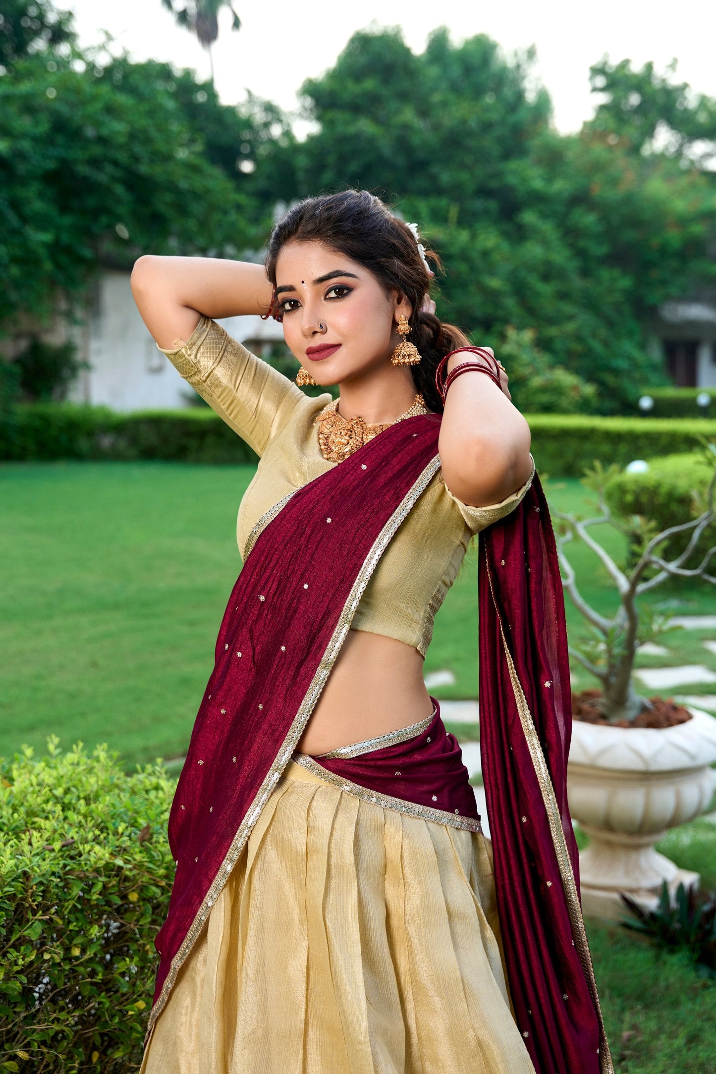 Latest Kanchipuram Zari Weaving Work Lehenga Set / Half Saree (Stitched)