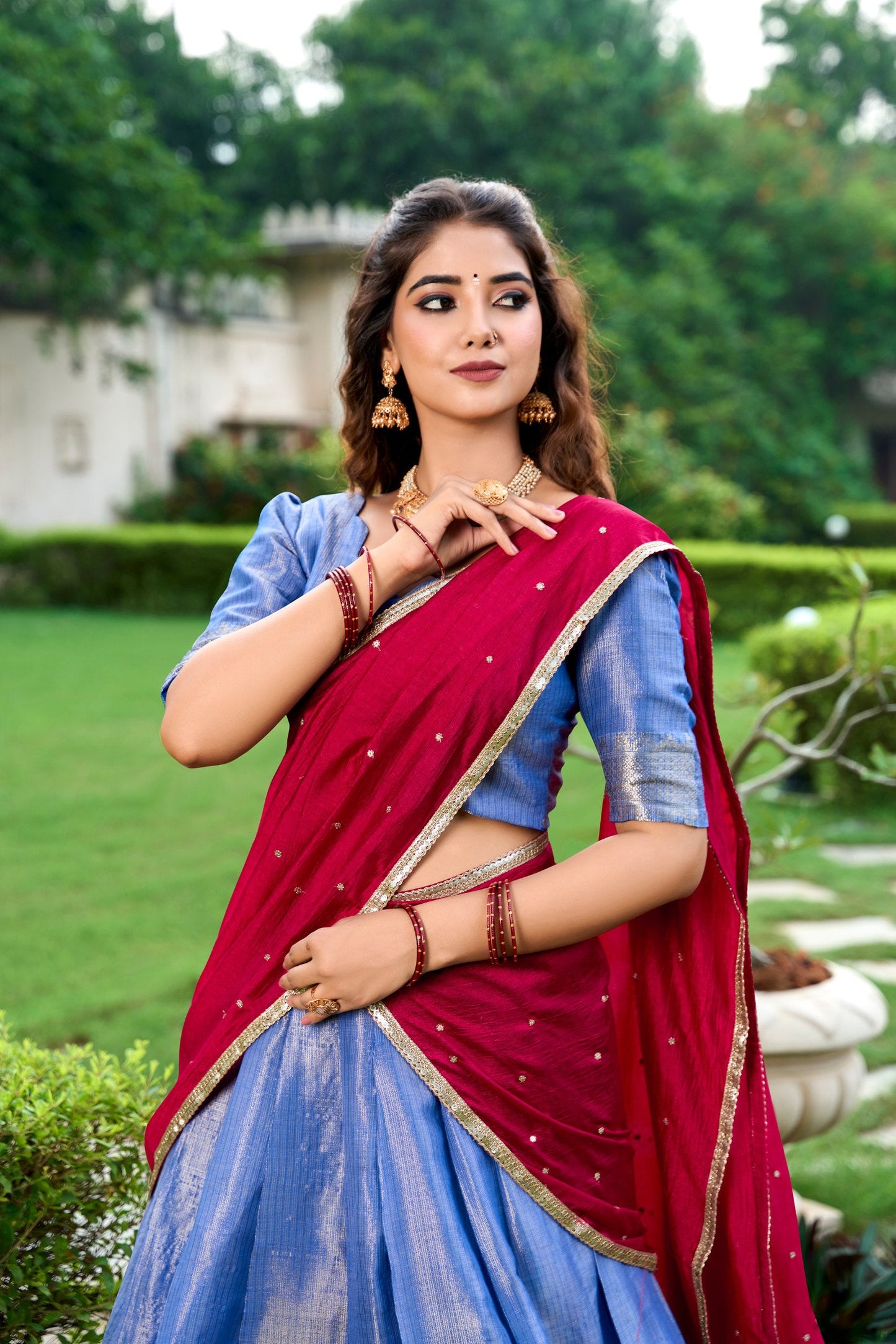Latest Kanchipuram Zari Weaving Work Lehenga Set / Half Saree (Stitched)