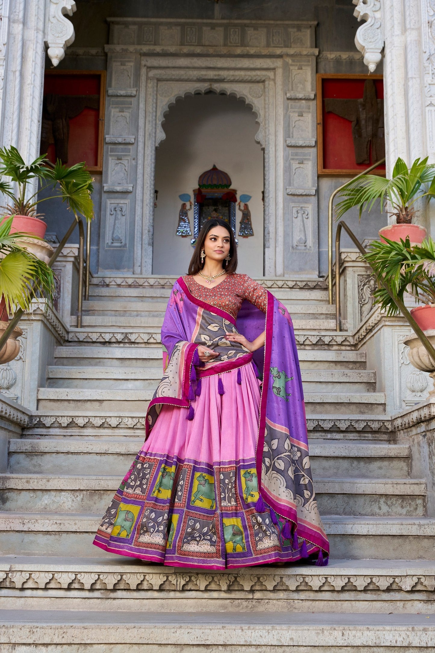 Kalamkari Print with Foil Work Tussar Silk Lehenga Choli