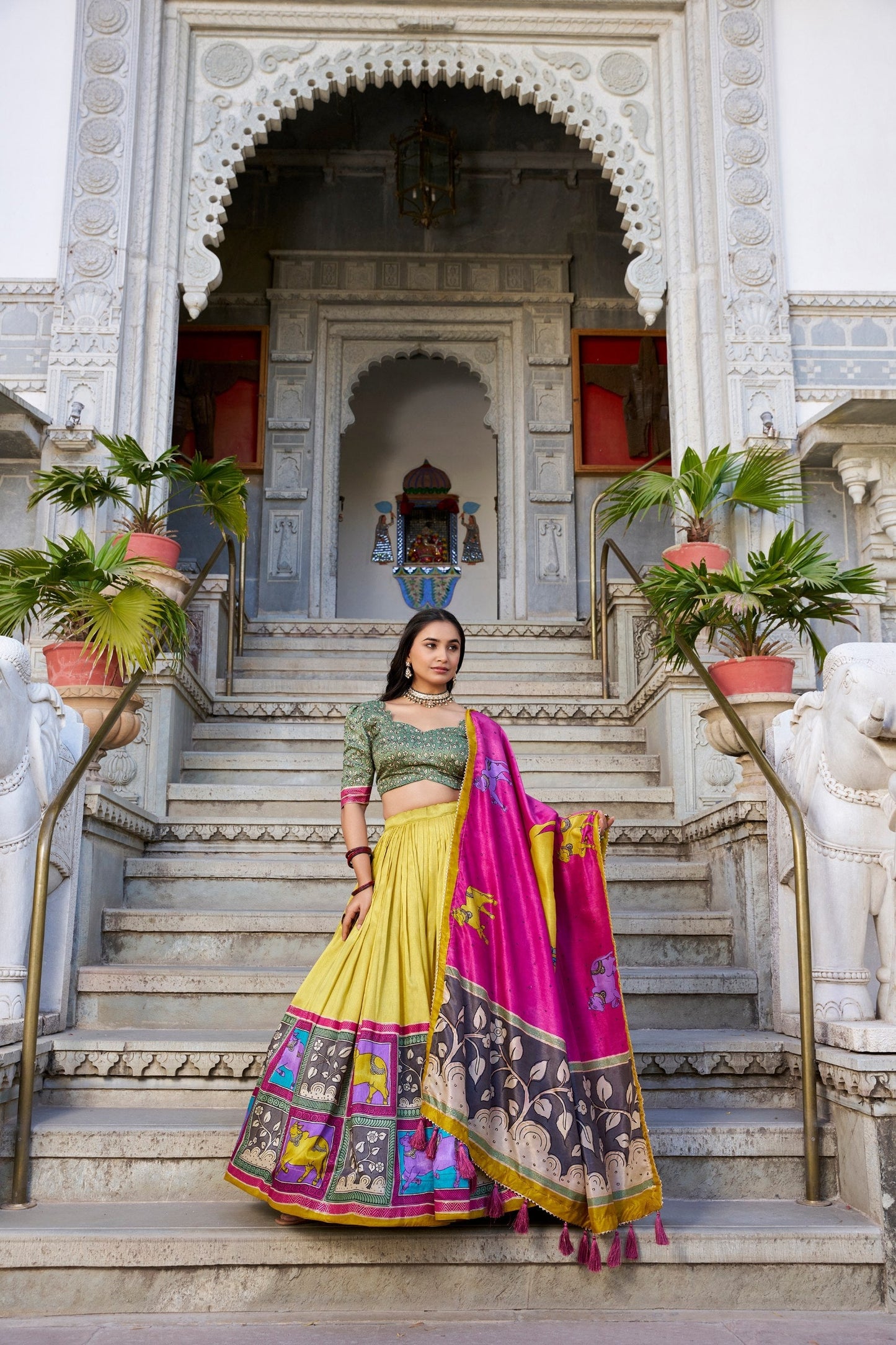 Kalamkari Print with Foil Work Tussar Silk Lehenga Choli