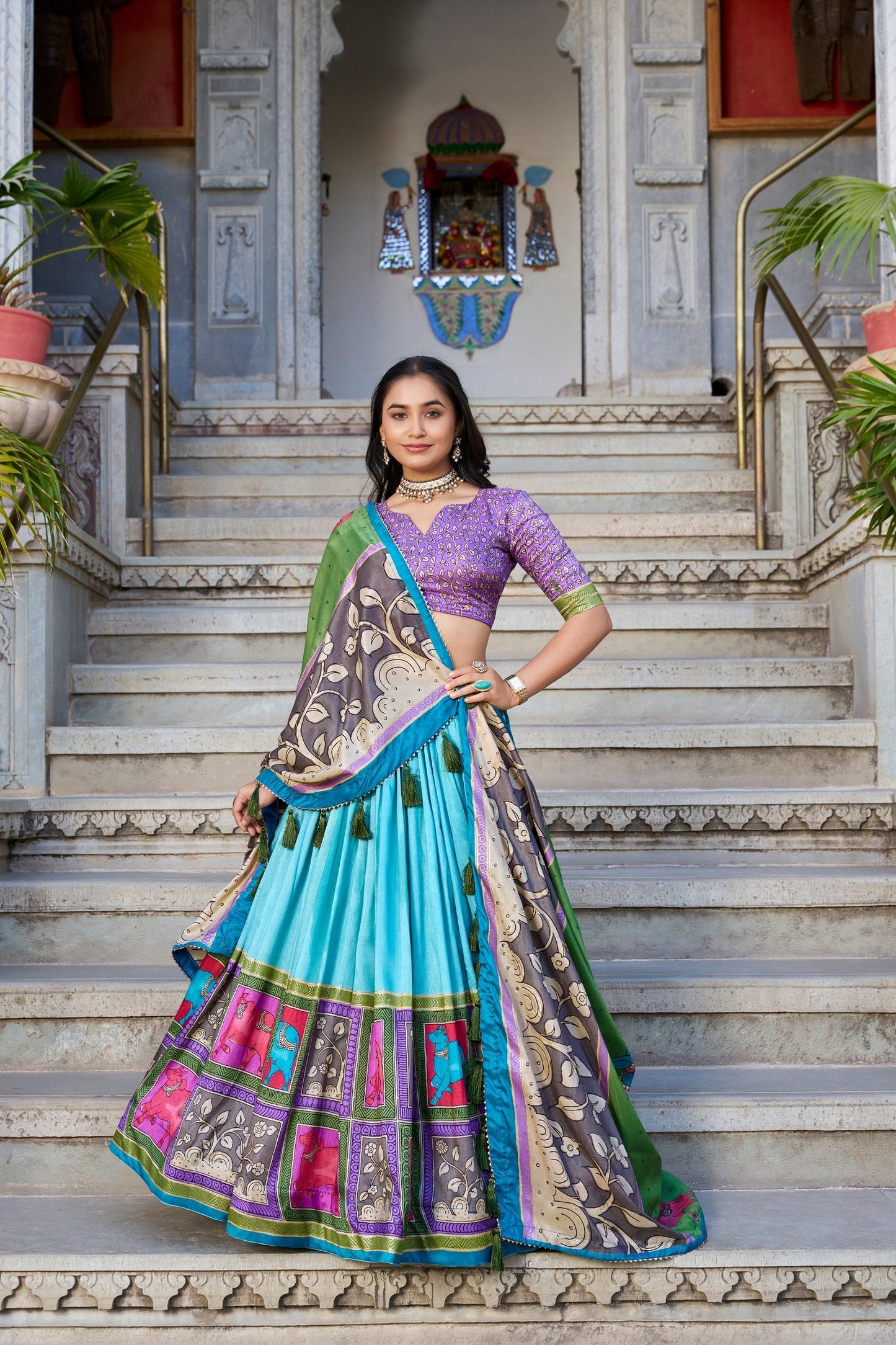 Kalamkari Print with Foil Work Tussar Silk Lehenga Choli