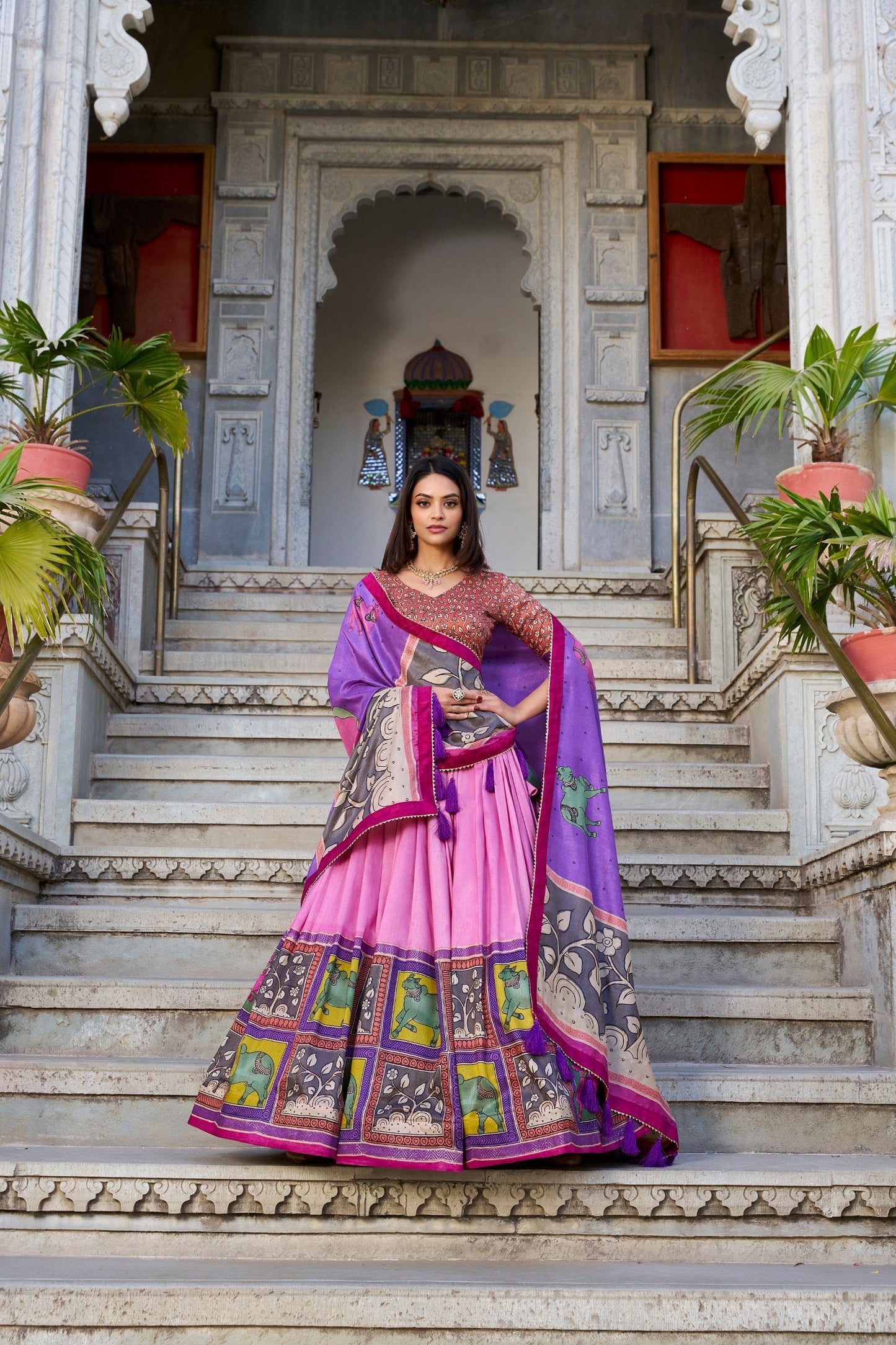 Kalamkari Print with Foil Work Tussar Silk Lehenga Choli