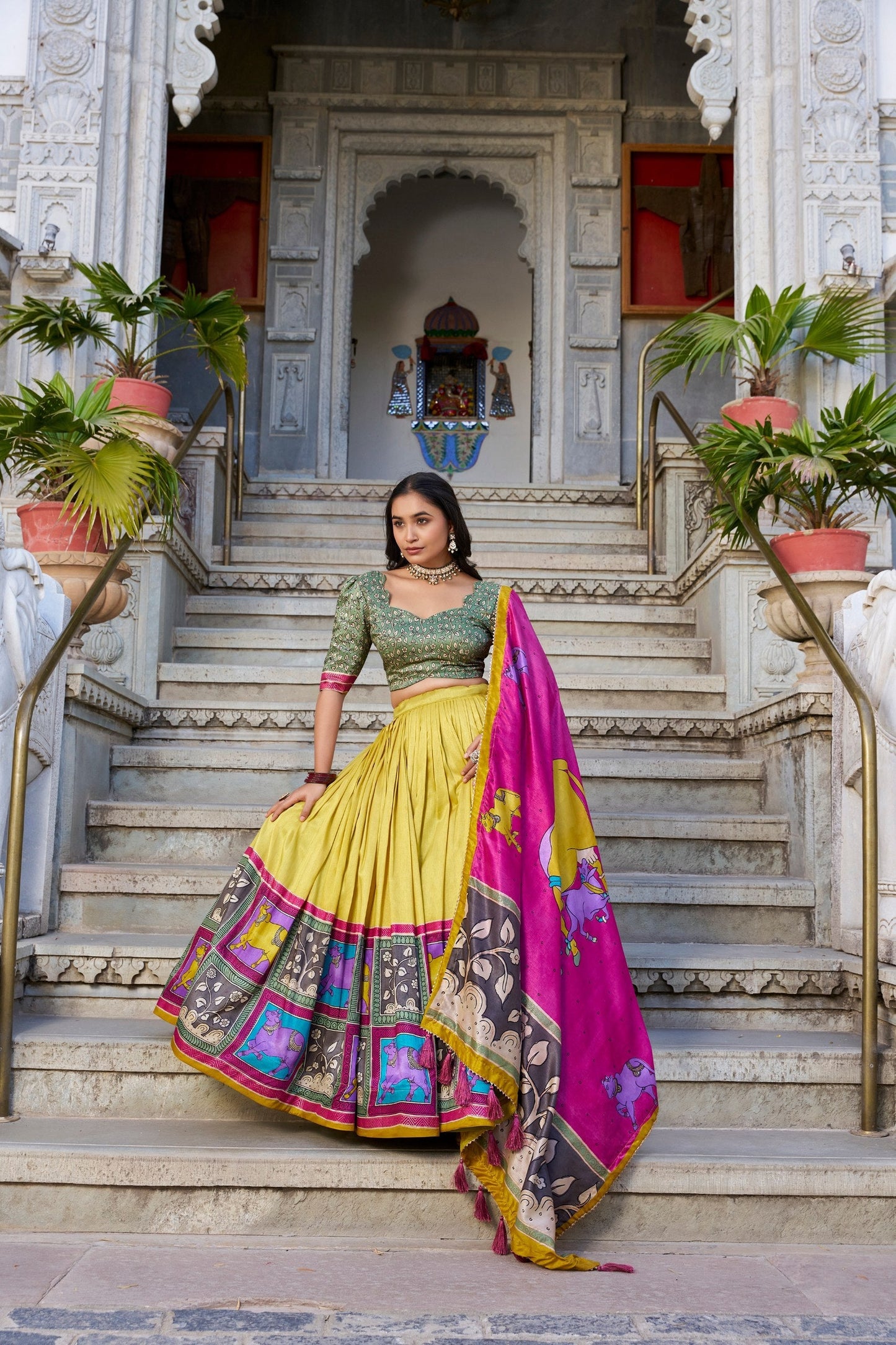 Kalamkari Print with Foil Work Tussar Silk Lehenga Choli