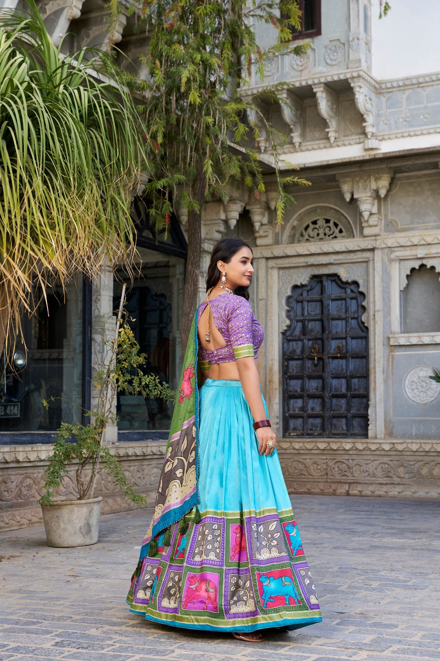 Kalamkari Print with Foil Work Tussar Silk Lehenga Choli