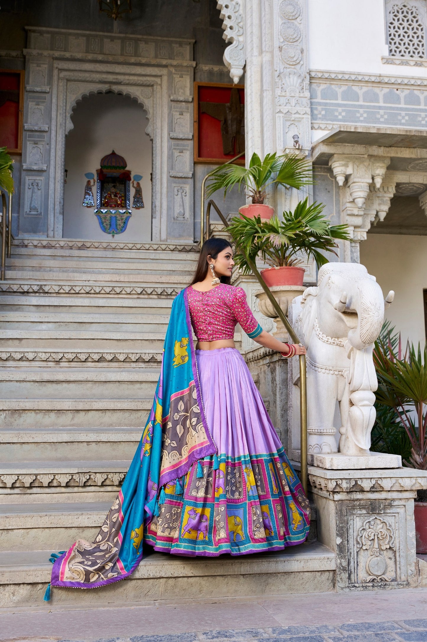 Kalamkari Print with Foil Work Tussar Silk Lehenga Choli