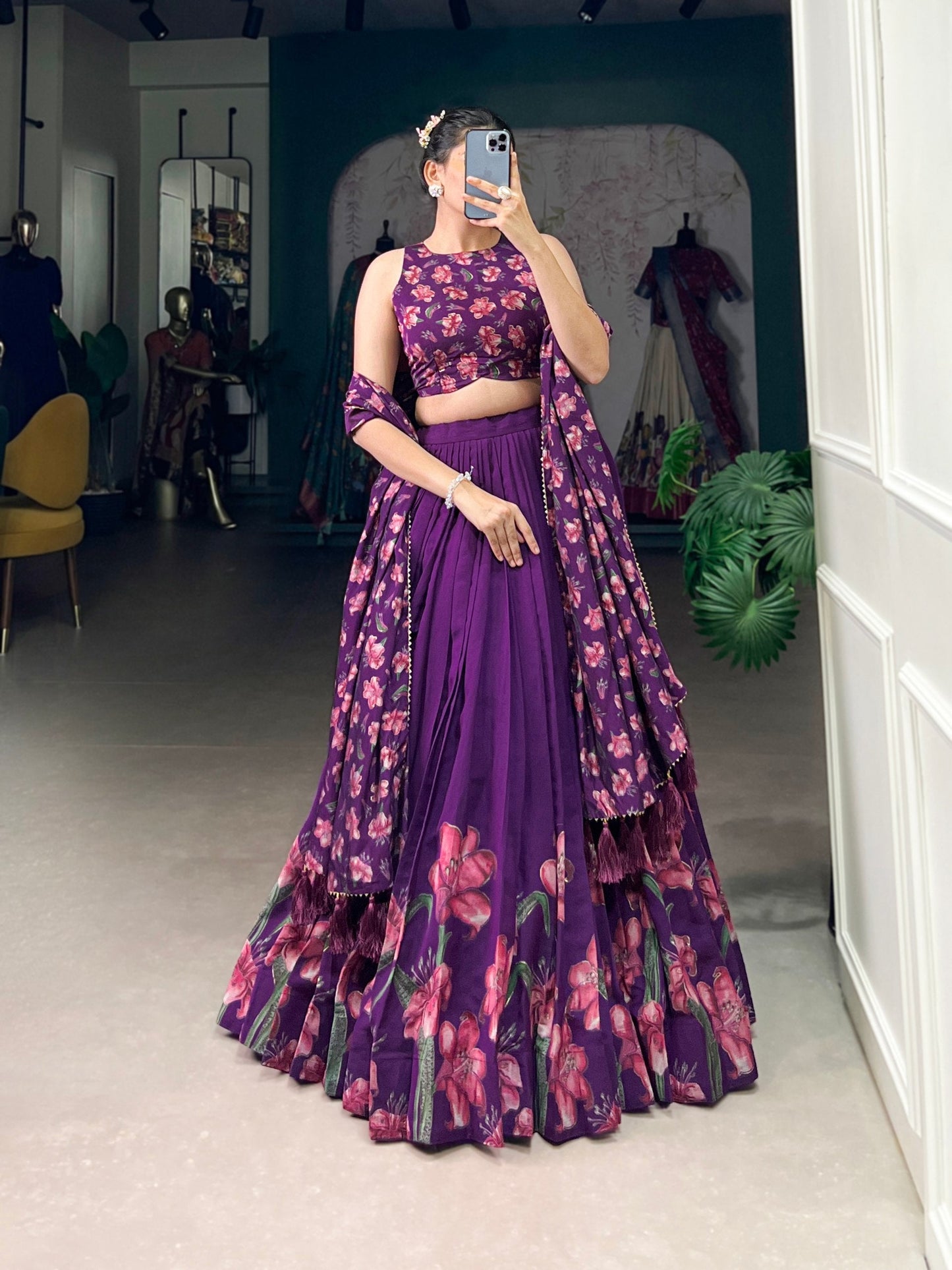 Floral Print Design Tussar Silk with Foil Print Lehenga Choli