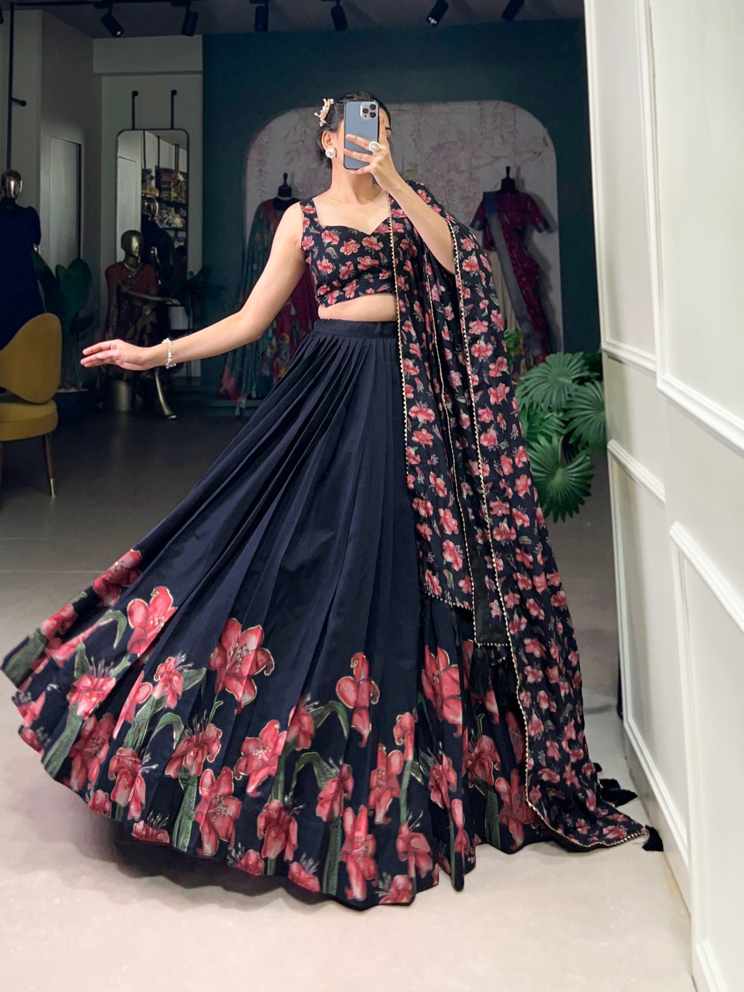 Floral Print Design Tussar Silk with Foil Print Lehenga Choli