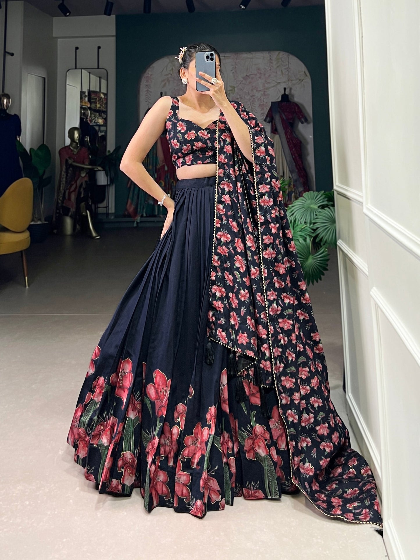 Floral Print Design Tussar Silk with Foil Print Lehenga Choli