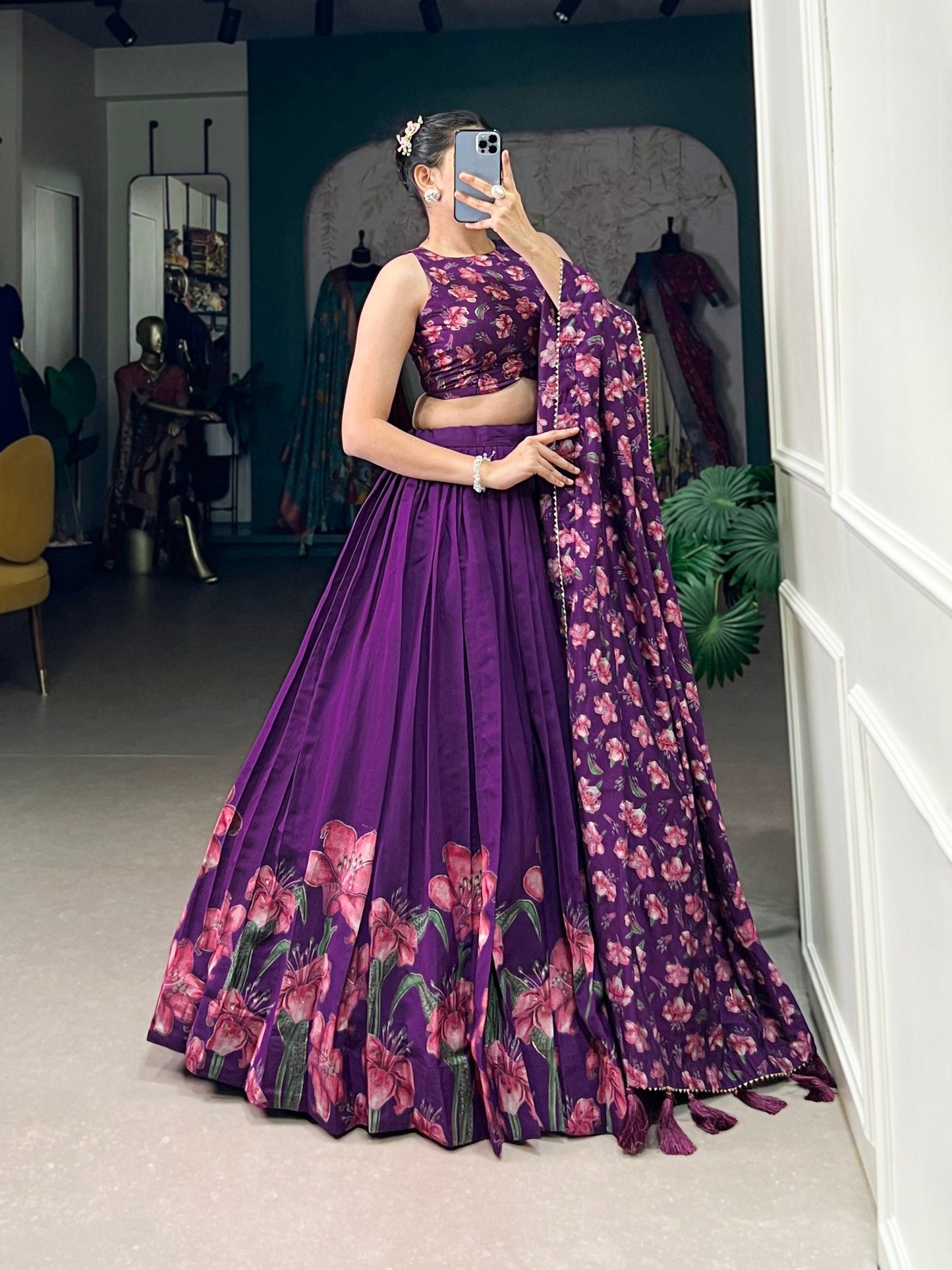 Floral Print Design Tussar Silk with Foil Print Lehenga Choli