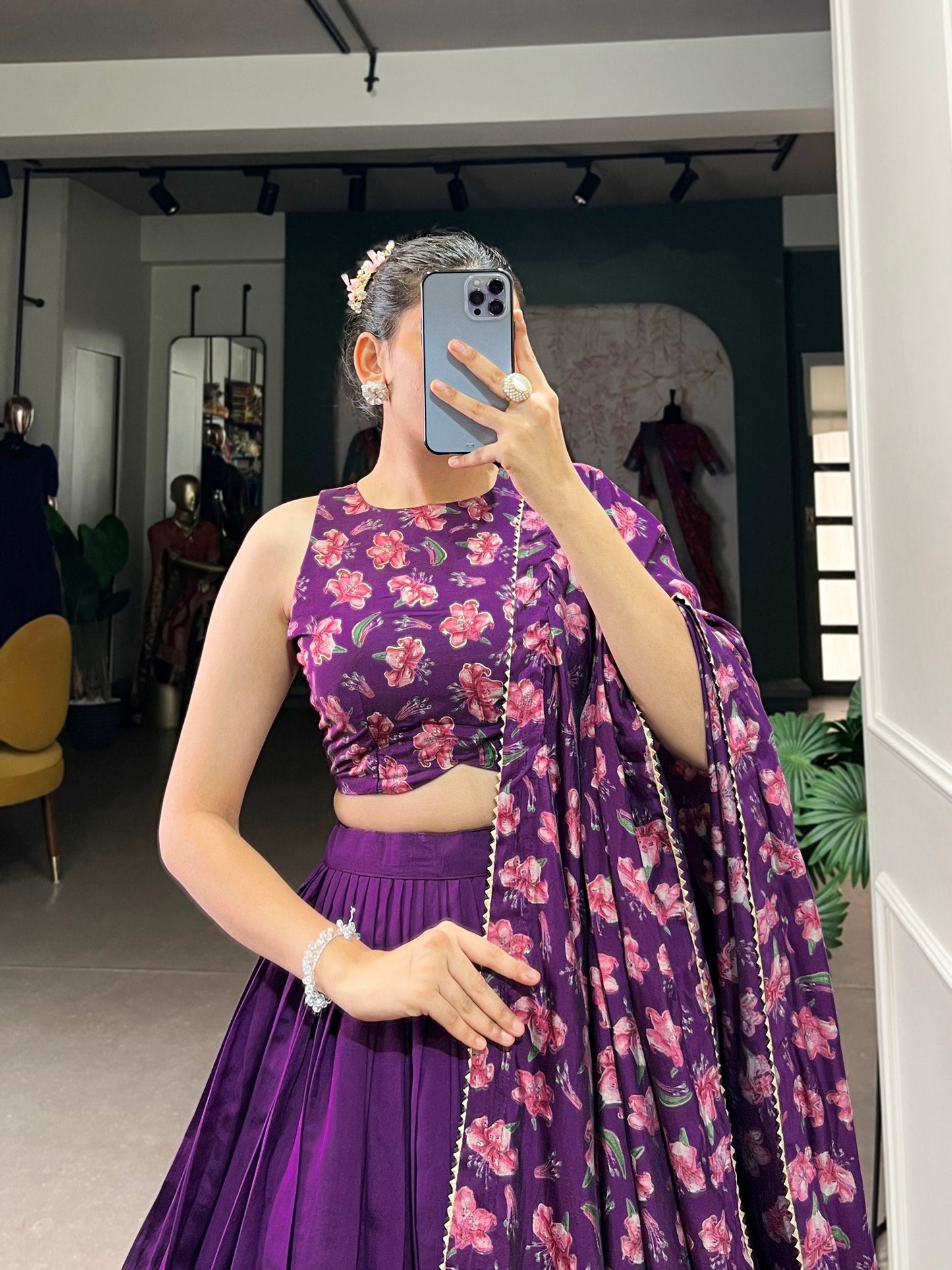 Floral Print Design Tussar Silk with Foil Print Lehenga Choli