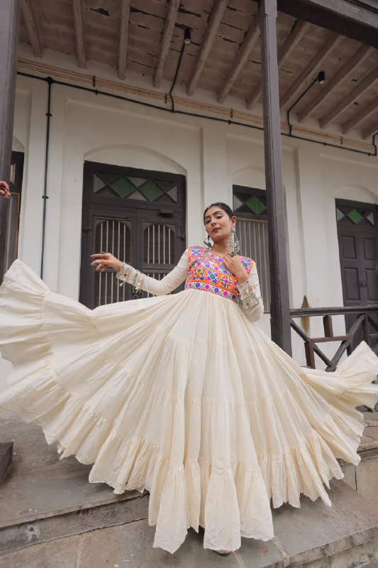 Cotton with Multi Thread Embroidered Gamthi Work Navratri Gown