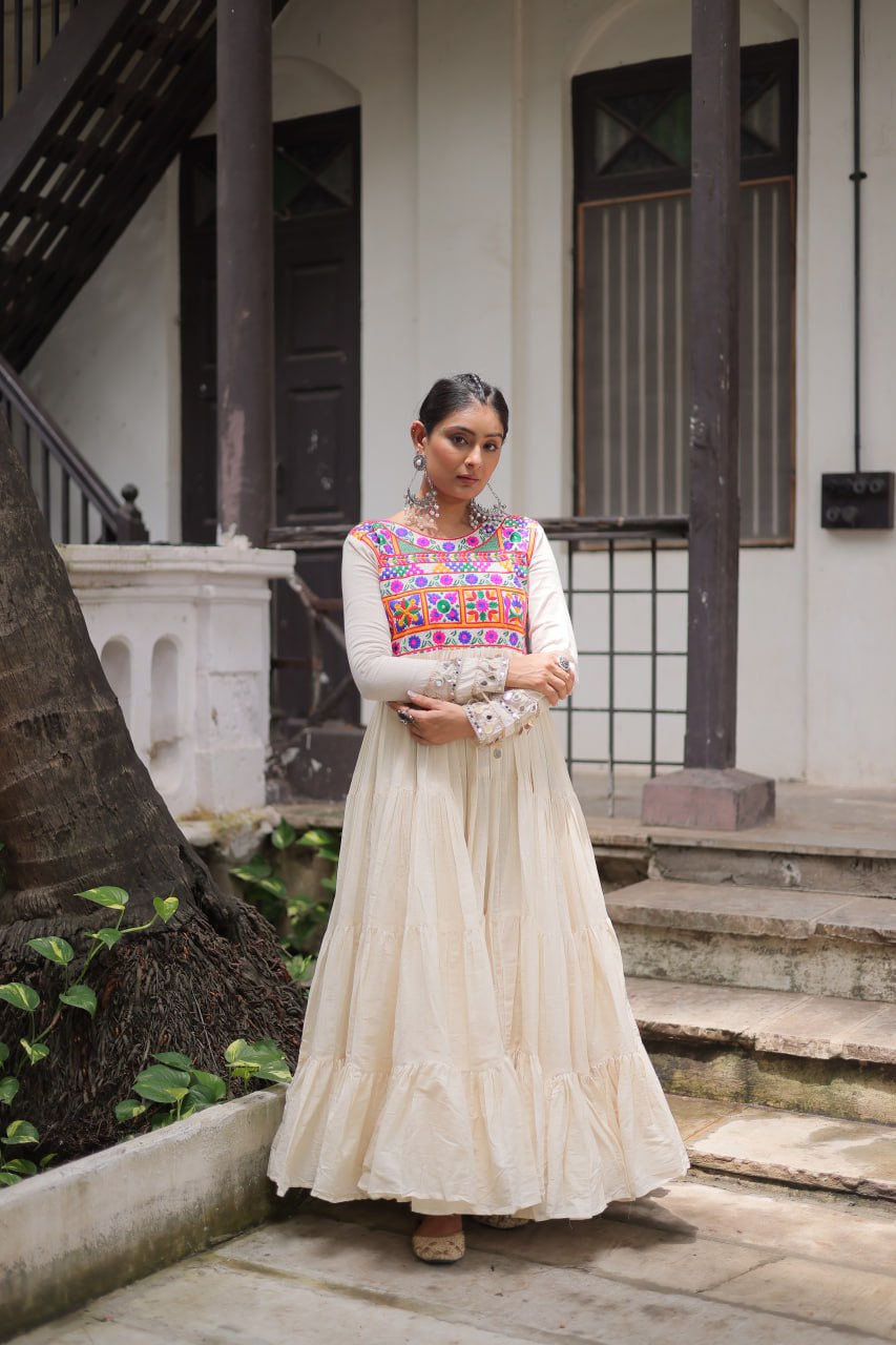 Cotton with Multi Thread Embroidered Gamthi Work Navratri Gown