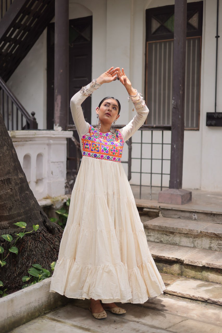 Cotton with Multi Thread Embroidered Gamthi Work Navratri Gown