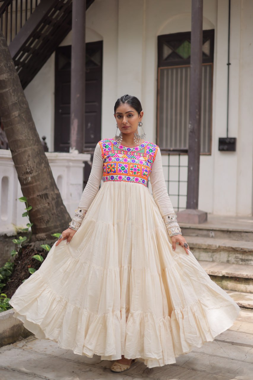 Cotton with Multi Thread Embroidered Gamthi Work Navratri Gown