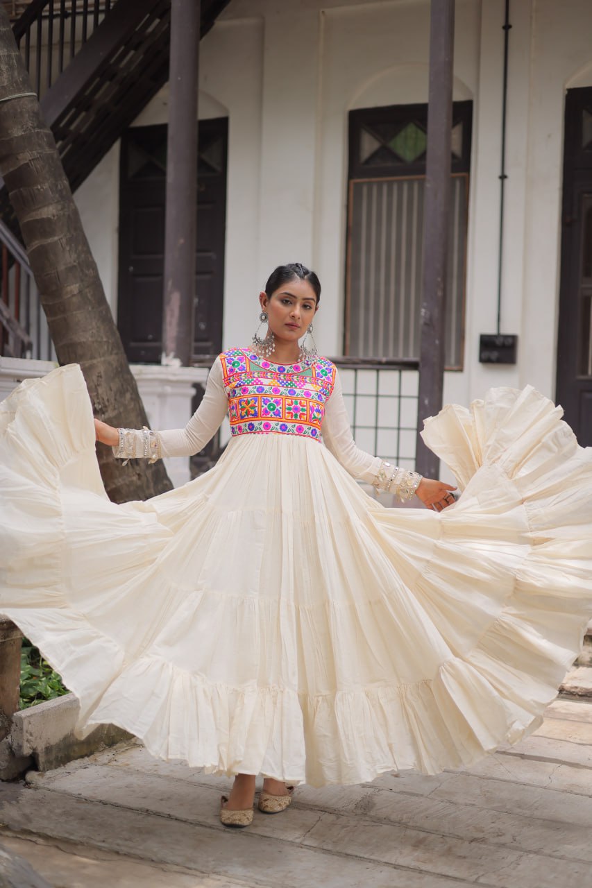 Cotton with Multi Thread Embroidered Gamthi Work Navratri Gown