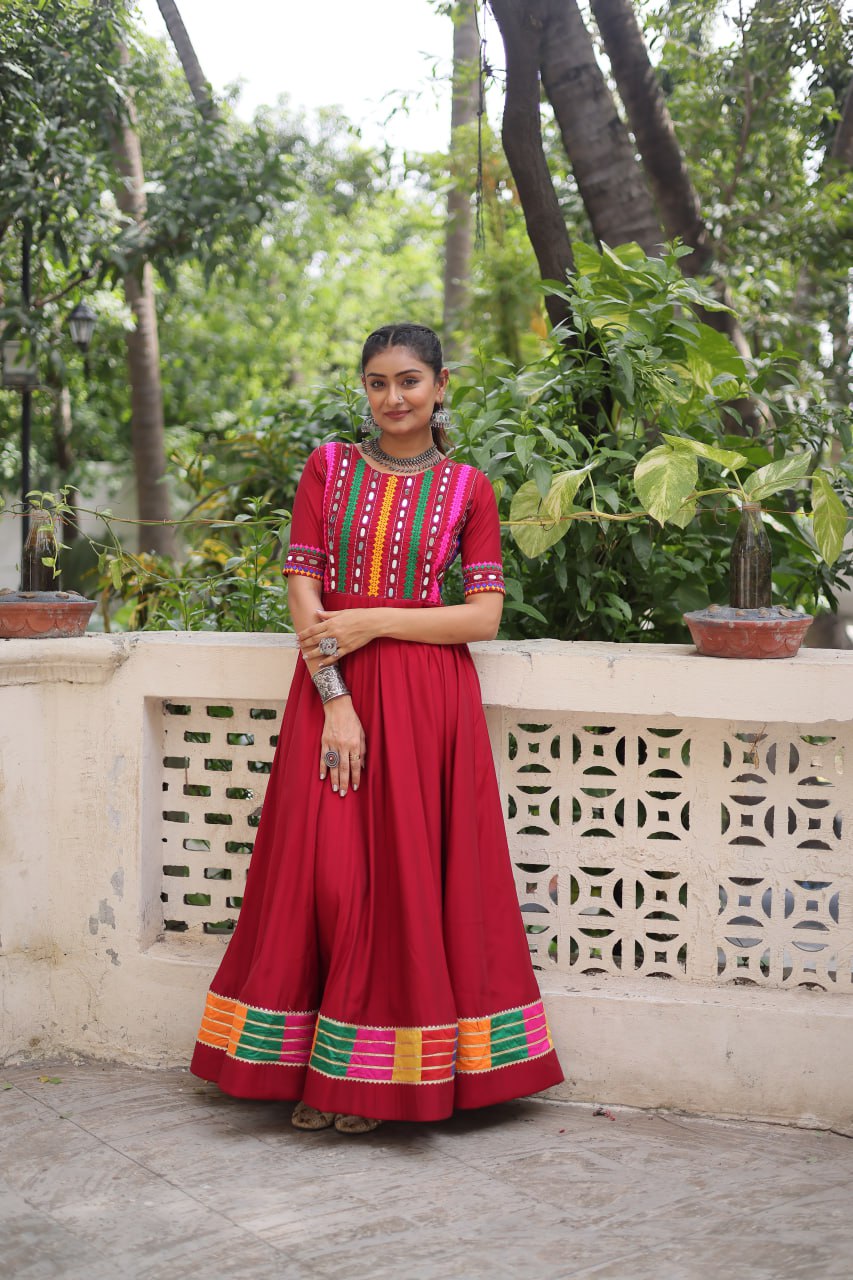 Roman with Multicolor Thread and Mirror Work Navratri Gown