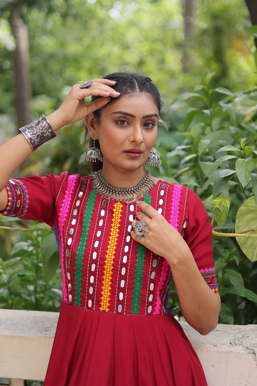 Roman with Multicolor Thread and Mirror Work Navratri Gown