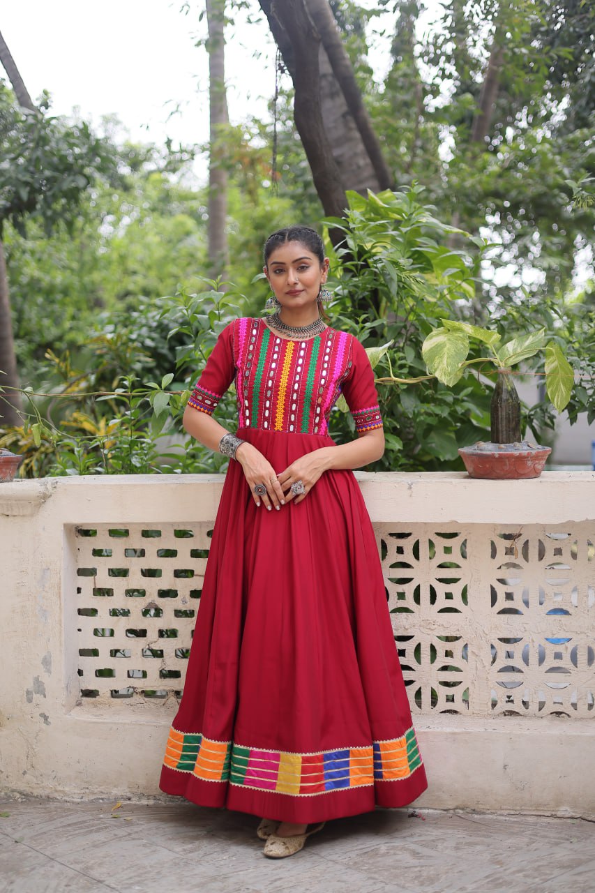 Roman with Multicolor Thread and Mirror Work Navratri Gown