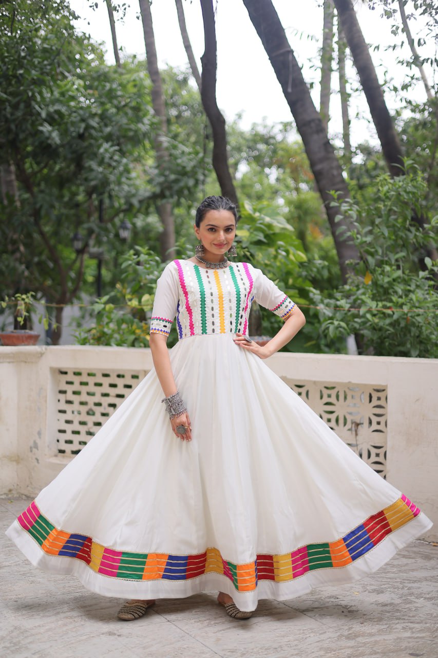 Roman with Multicolor Thread and Mirror Work Navratri Gown