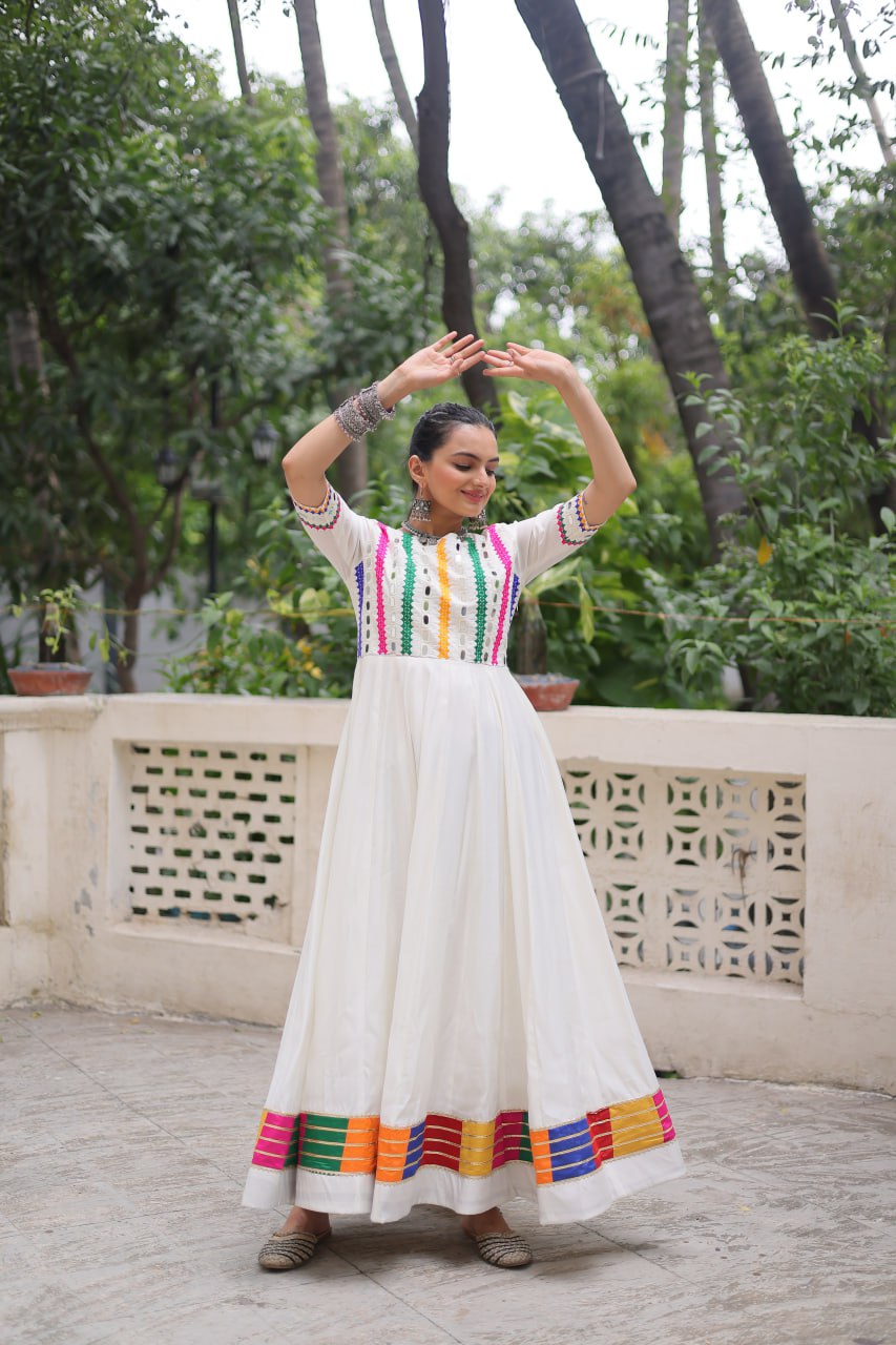 Roman with Multicolor Thread and Mirror Work Navratri Gown
