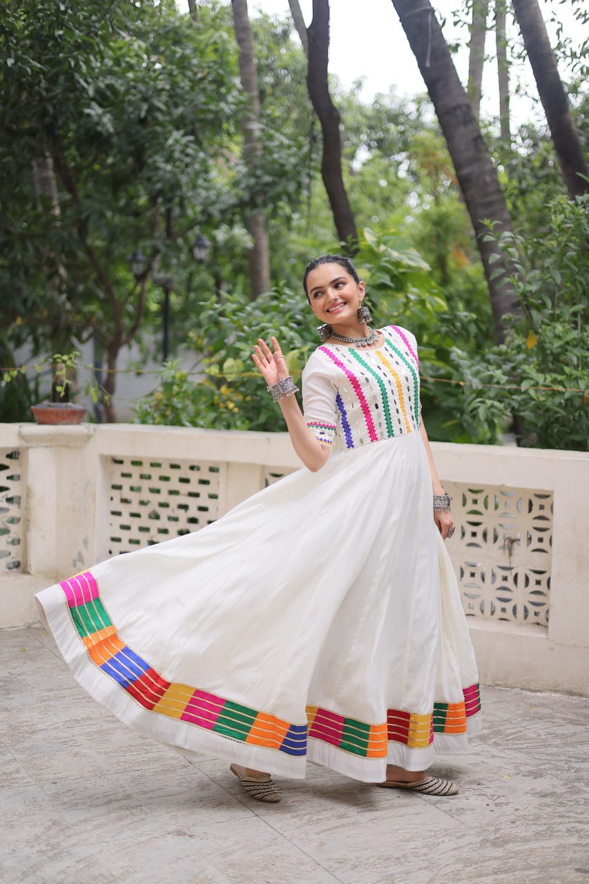 Roman with Multicolor Thread and Mirror Work Navratri Gown