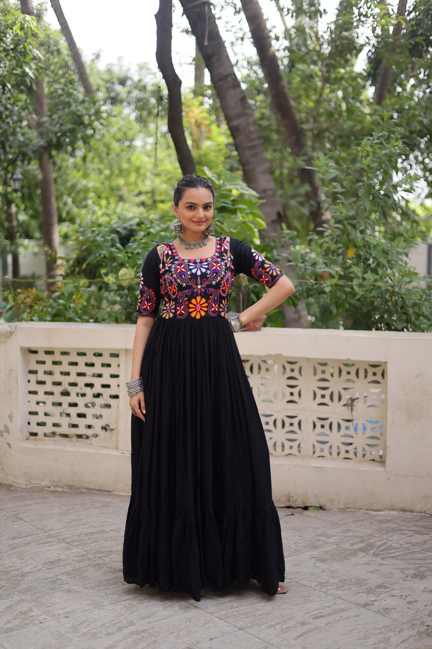 Reyon Fabric with Kutchi Gamthi Thread Work Navratri Gown