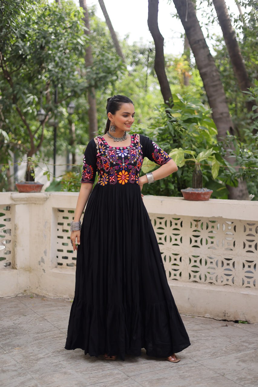 Reyon Fabric with Kutchi Gamthi Thread Work Navratri Gown