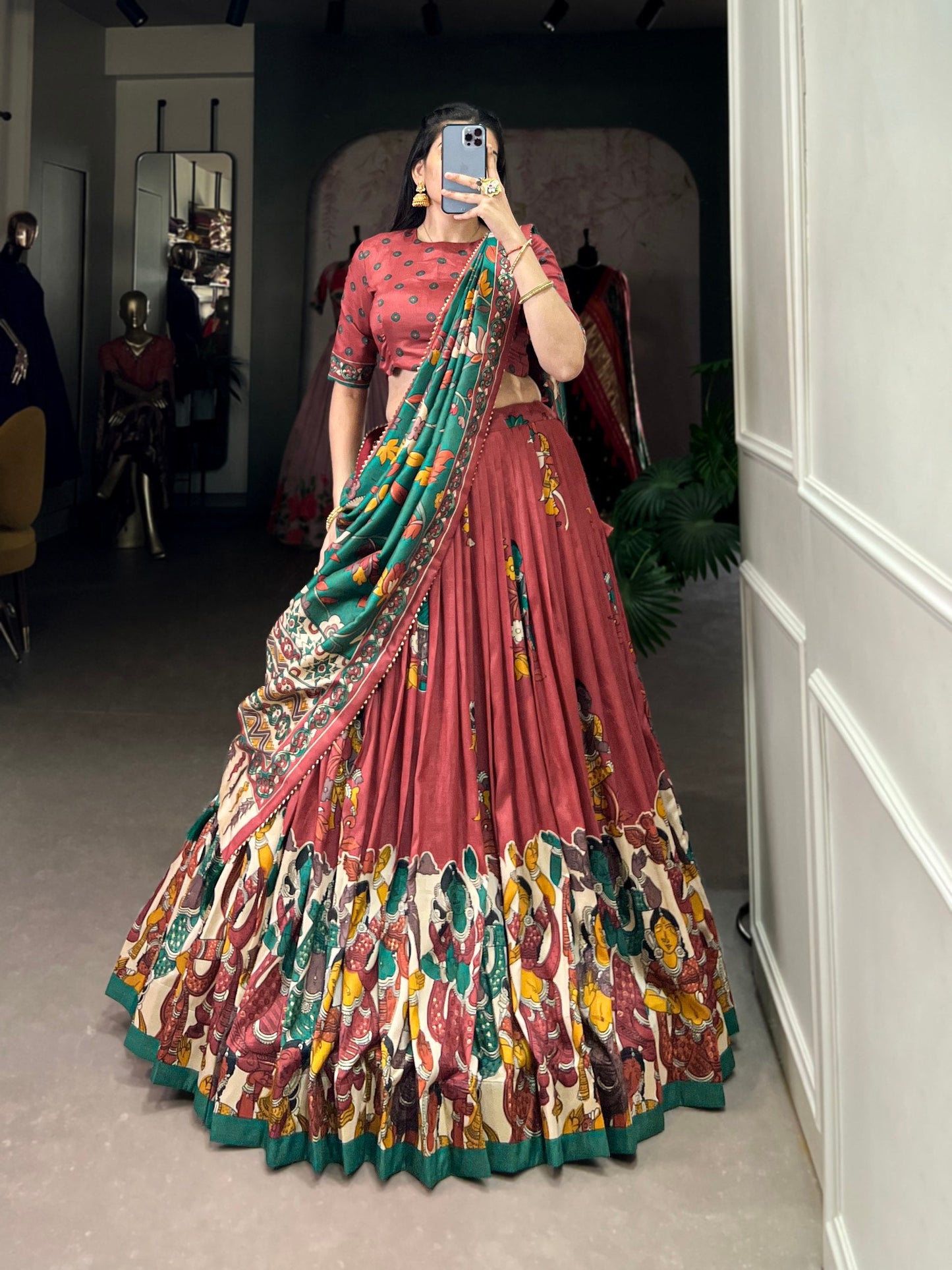 Traditional Kalamkari Print Tussar Silk Lehenga Choli