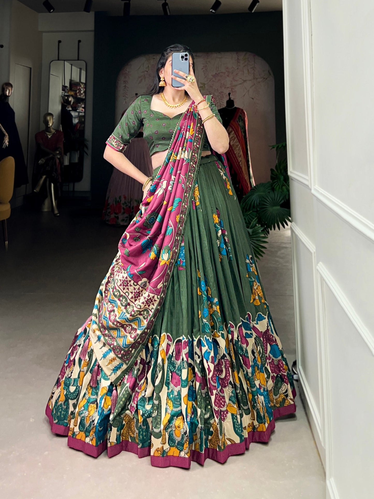 Traditional Kalamkari Print Tussar Silk Lehenga Choli